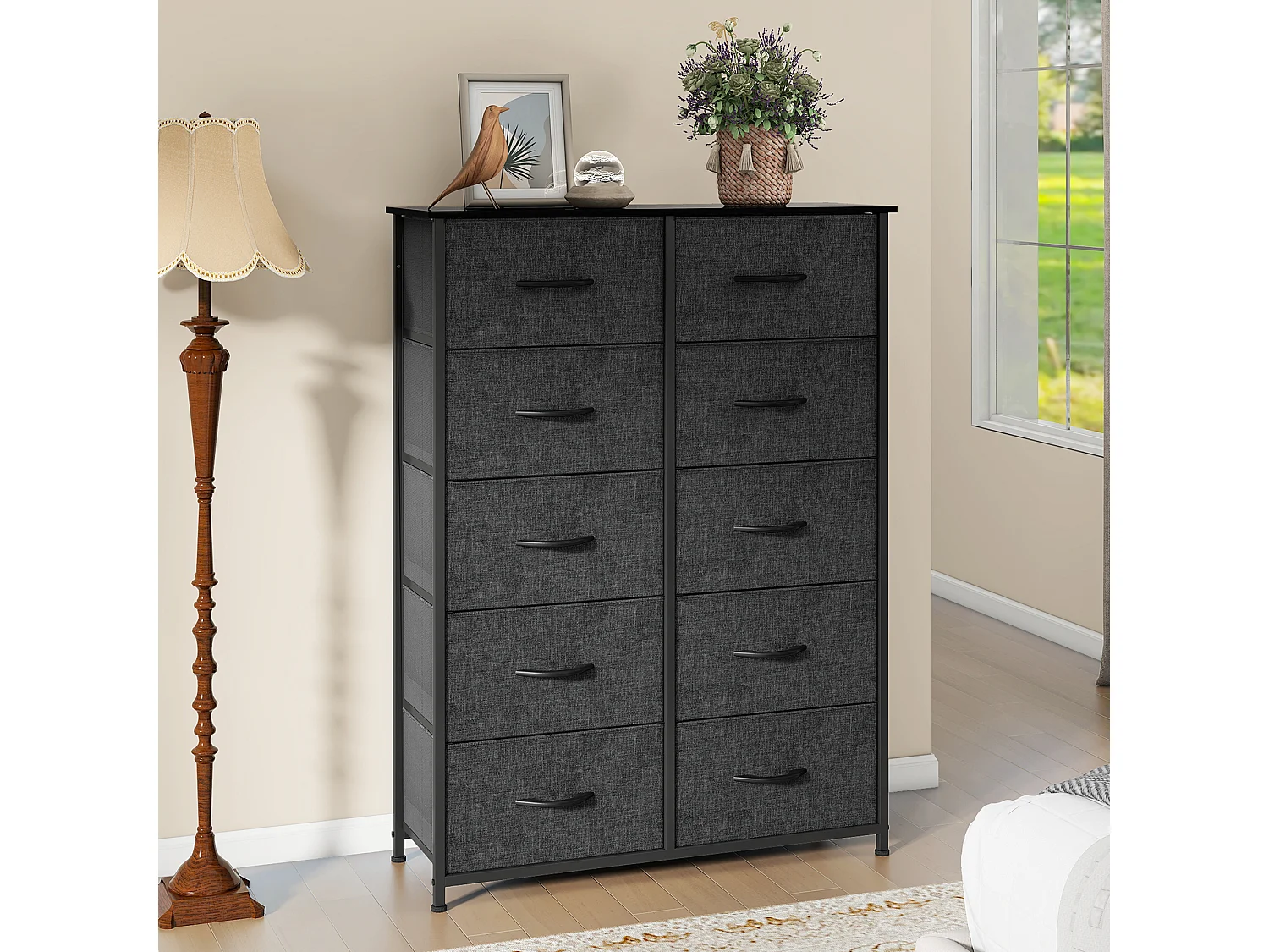 YITAHOME Commode - 10 Tiroirs en Tissu - Meuble de Rangement - Cadre Acier Robuste - pour Chambre à Coucher - Noir Gris