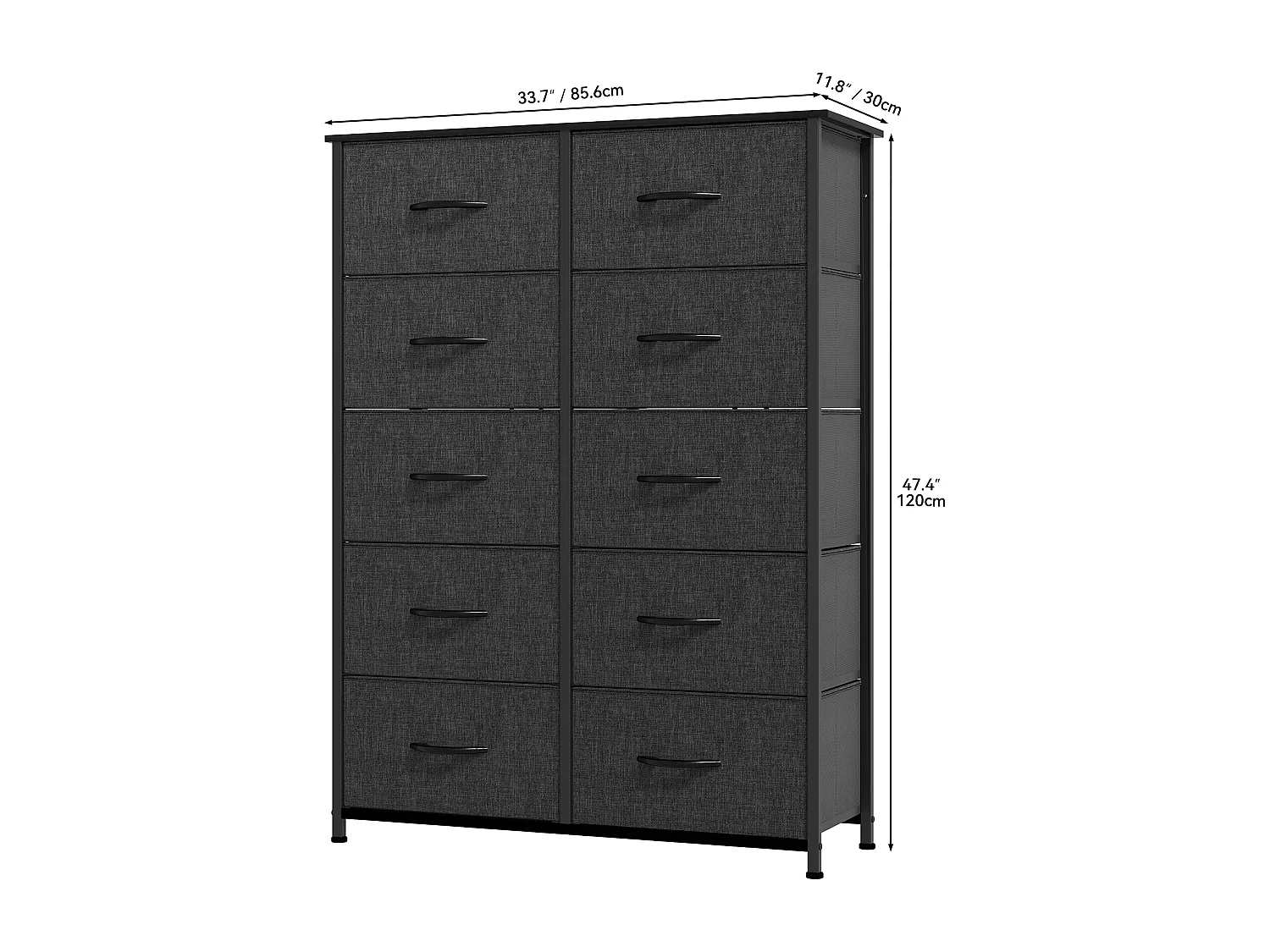 YITAHOME Commode - 10 Tiroirs en Tissu - Meuble de Rangement - Cadre Acier Robuste - pour Chambre à Coucher - Noir Gris