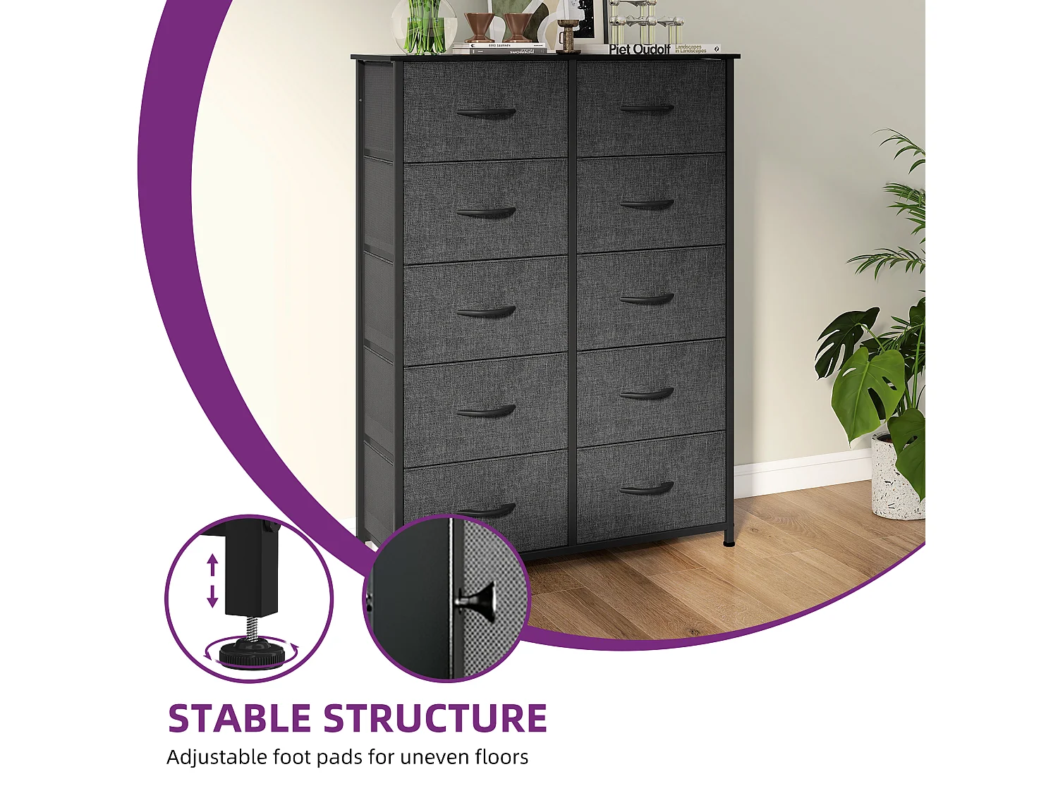 YITAHOME Commode - 10 Tiroirs en Tissu - Meuble de Rangement - Cadre Acier Robuste - pour Chambre à Coucher - Noir Gris