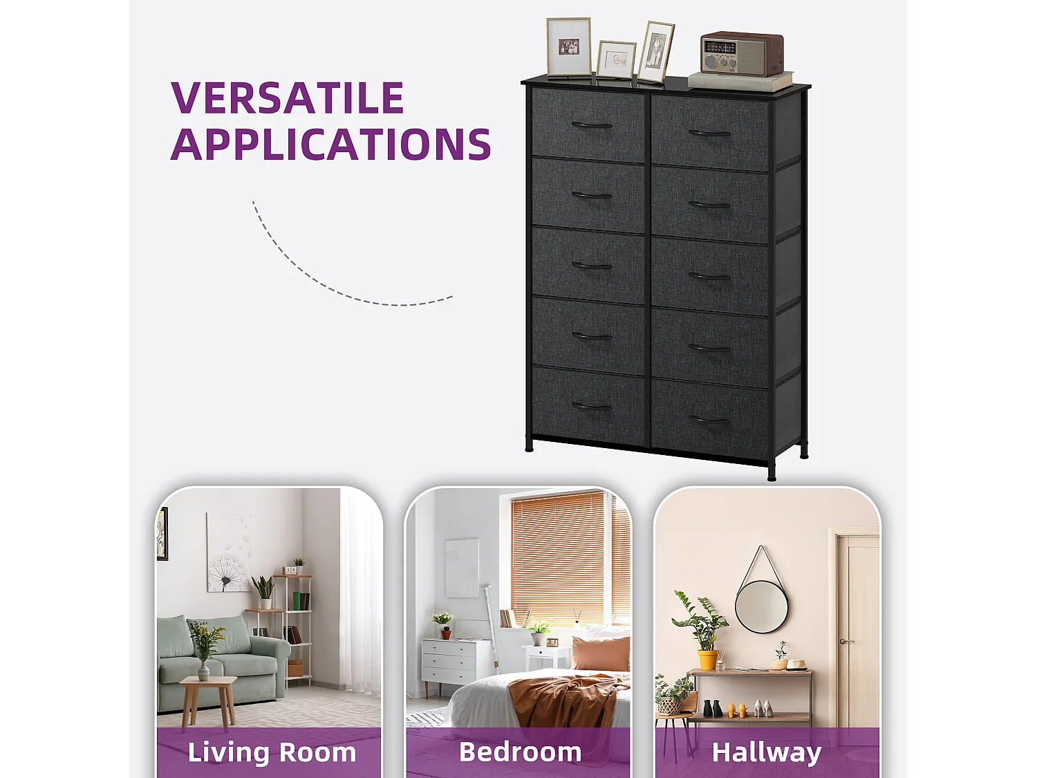 YITAHOME Commode - 10 Tiroirs en Tissu - Meuble de Rangement - Cadre Acier Robuste - pour Chambre à Coucher - Noir Gris