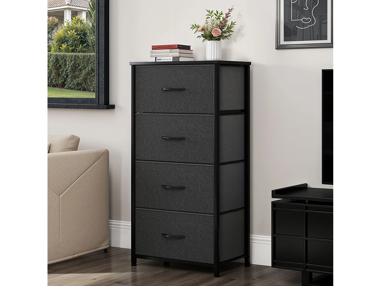 YITAHOME Commode - 4 Tiroirs en Tissu Commode Chambre Meuble de Rangement - Cadre en Métal - Chambre - Salon - Gris Noir