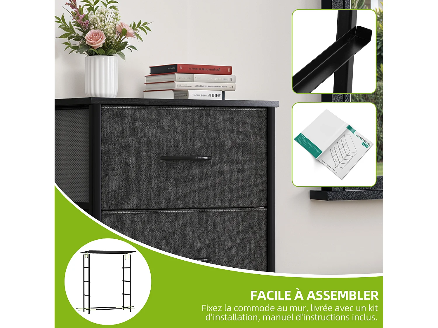 YITAHOME Commode - 4 Tiroirs en Tissu Commode Chambre Meuble de Rangement - Cadre en Métal - Chambre - Salon - Gris Noir