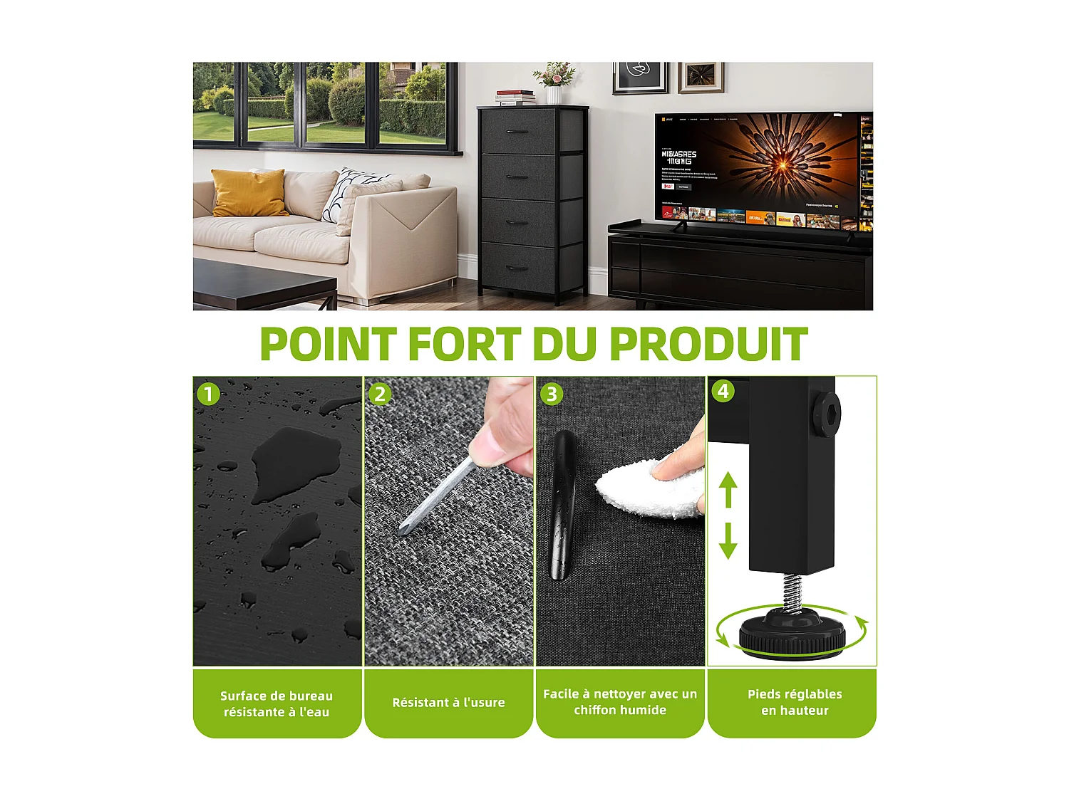 YITAHOME Commode - 4 Tiroirs en Tissu Commode Chambre Meuble de Rangement - Cadre en Métal - Chambre - Salon - Gris Noir