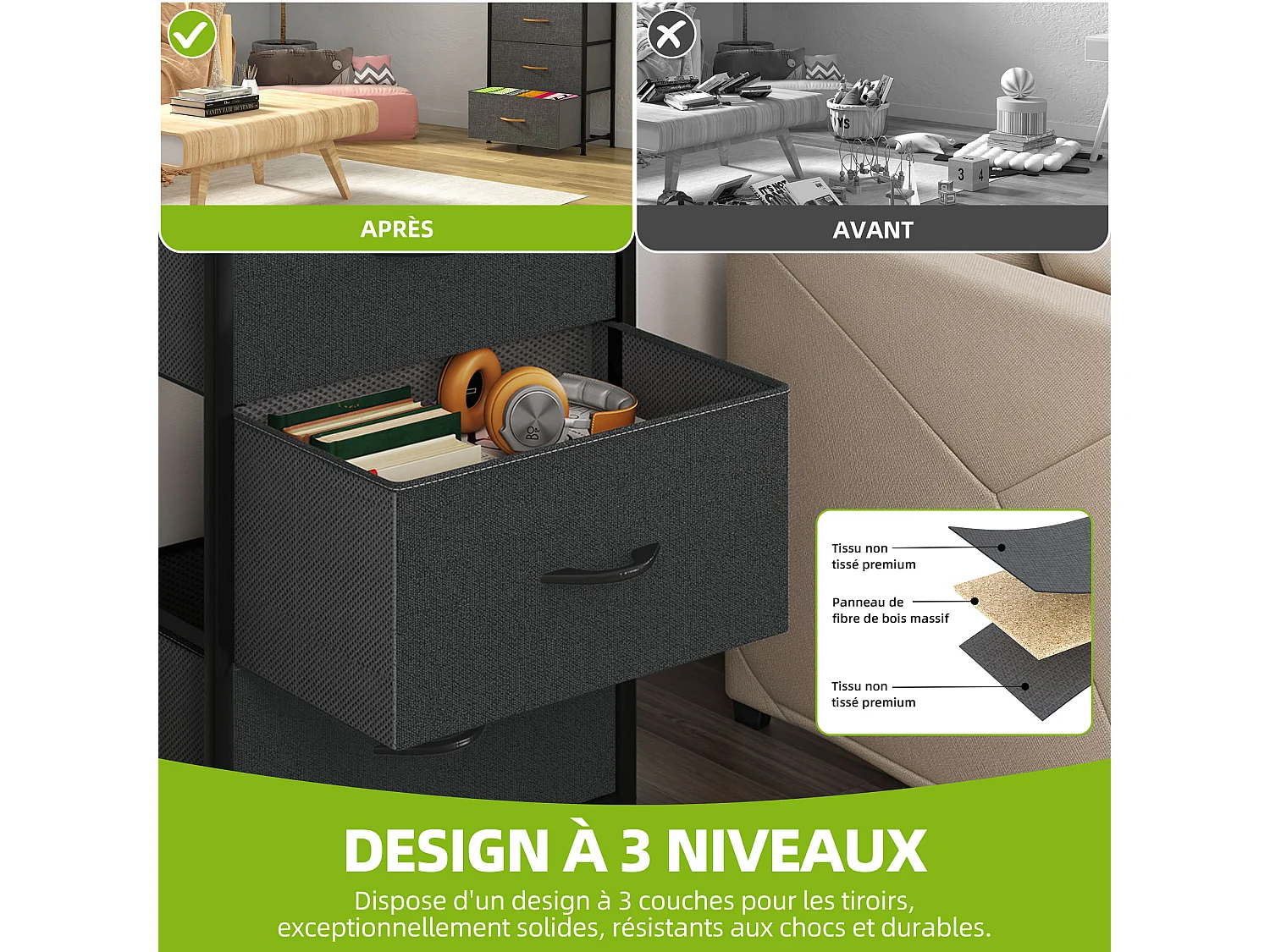 YITAHOME Commode - 4 Tiroirs en Tissu Commode Chambre Meuble de Rangement - Cadre en Métal - Chambre - Salon - Gris Noir