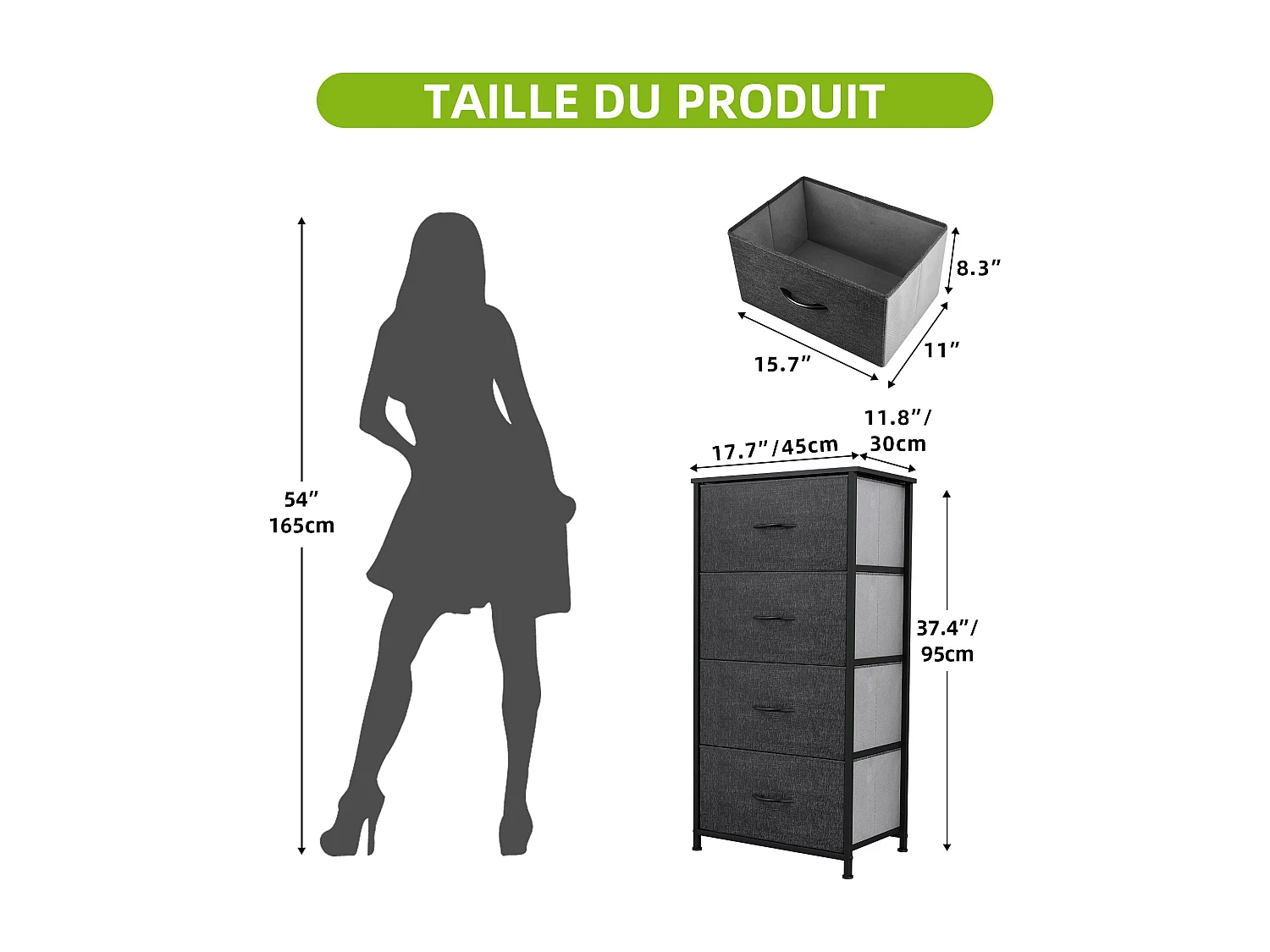 YITAHOME Commode - 4 Tiroirs en Tissu Commode Chambre Meuble de Rangement - Cadre en Métal - Chambre - Salon - Gris Noir