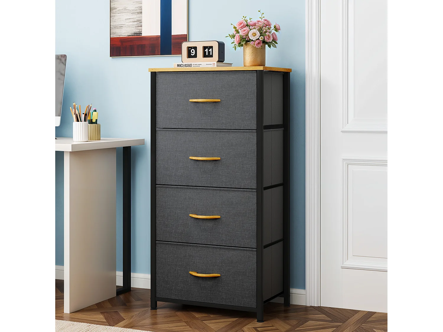 YITAHOME Commode - 4 Tiroirs en Tissu Commode Chambre Meuble de Rangement - Cadre en Métal - pour Chambre à Coucher - Salon - Gris Profond