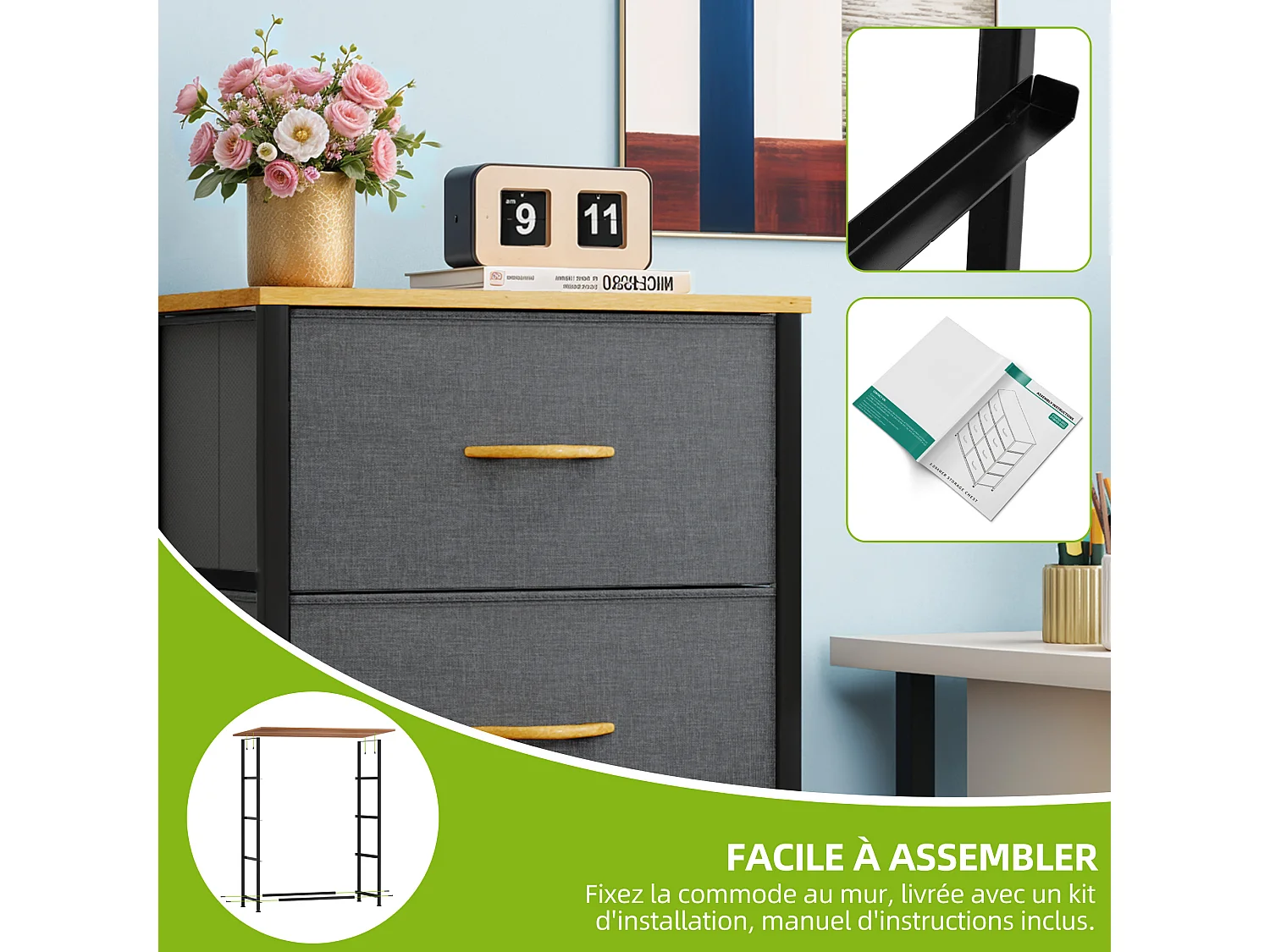 YITAHOME Commode - 4 Tiroirs en Tissu Commode Chambre Meuble de Rangement - Cadre en Métal - pour Chambre à Coucher - Salon - Gris Profond