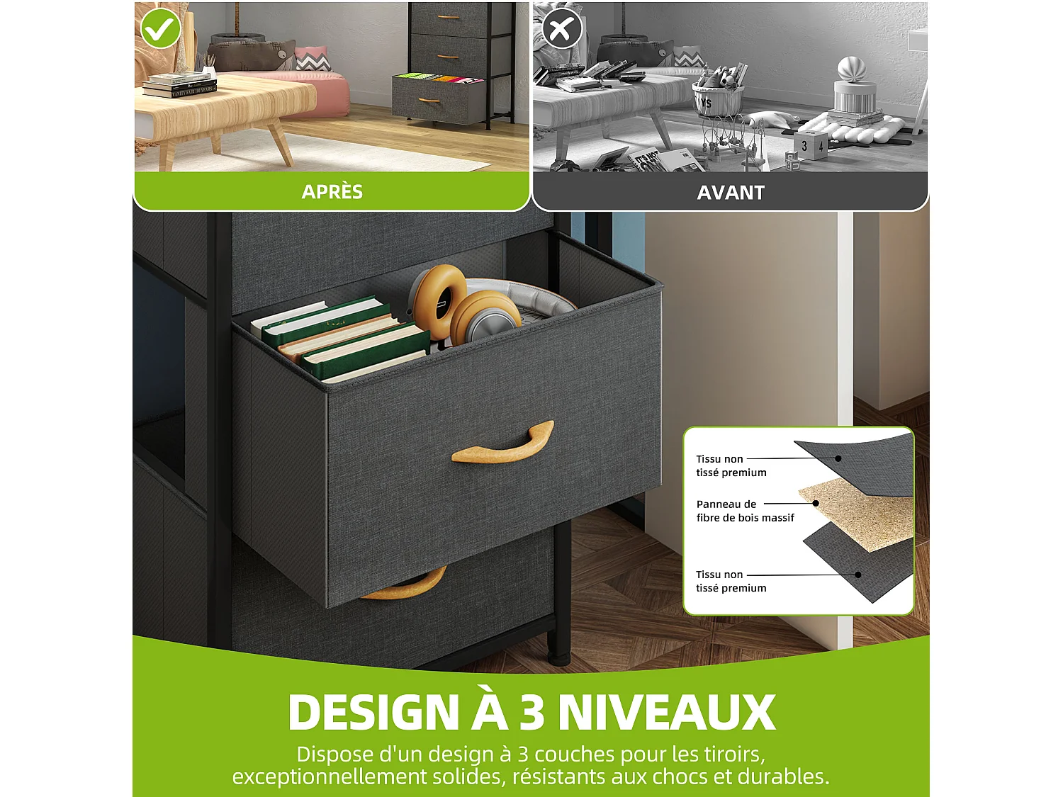 YITAHOME Commode - 4 Tiroirs en Tissu Commode Chambre Meuble de Rangement - Cadre en Métal - pour Chambre à Coucher - Salon - Gris Profond