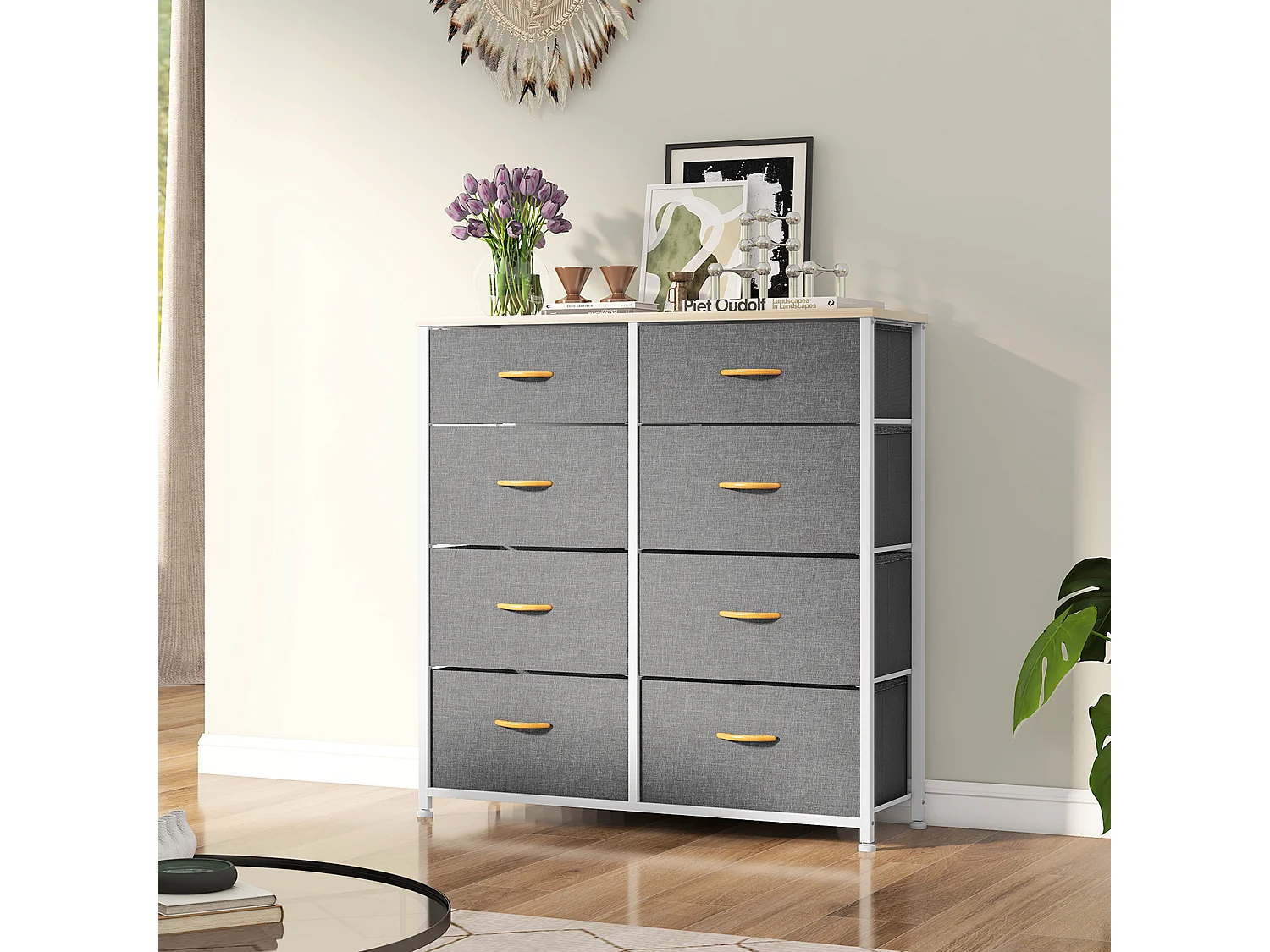 YITAHOME Commode - 8 Tiroirs en Tissu - Meuble de Rangement avec Dessus en Bois - Grand Espace de Rangement - Gris