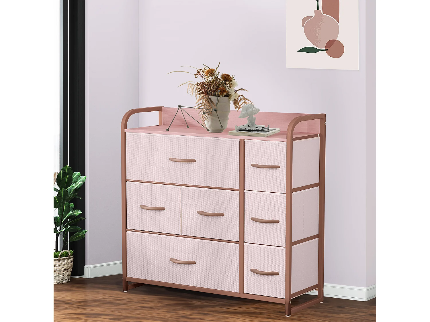 YITAHOME Commode - 7 Tiroirs en Tissu Commode Chambre Meuble de Rangement - Cadre en Métal - Moderne - Salon - Rose