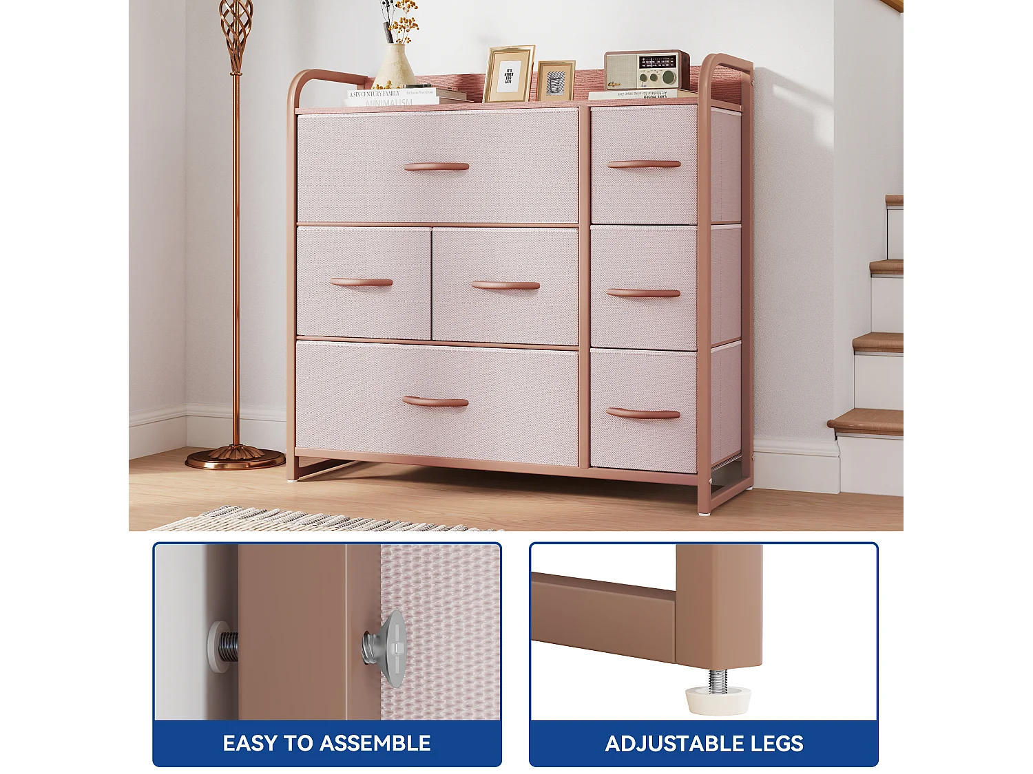 YITAHOME Commode - 7 Tiroirs en Tissu Commode Chambre Meuble de Rangement - Cadre en Métal - Moderne - Salon - Rose