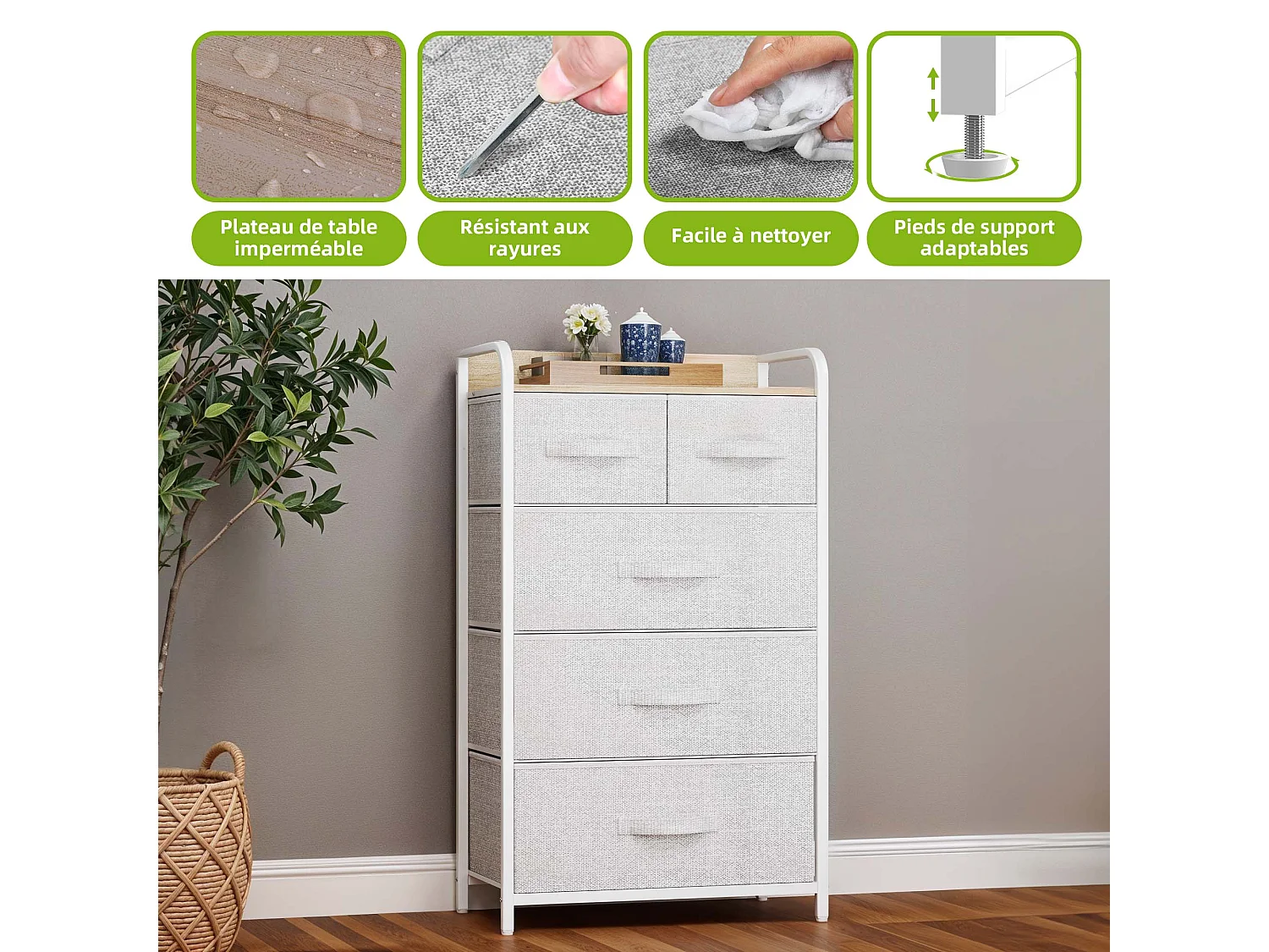 YITAHOME Commode - 5 Tiroirs en Tissu Meuble de Rangement - Tour en Tissu - Cadre Acier Robuste - Chambre - Salon - Gris Clair