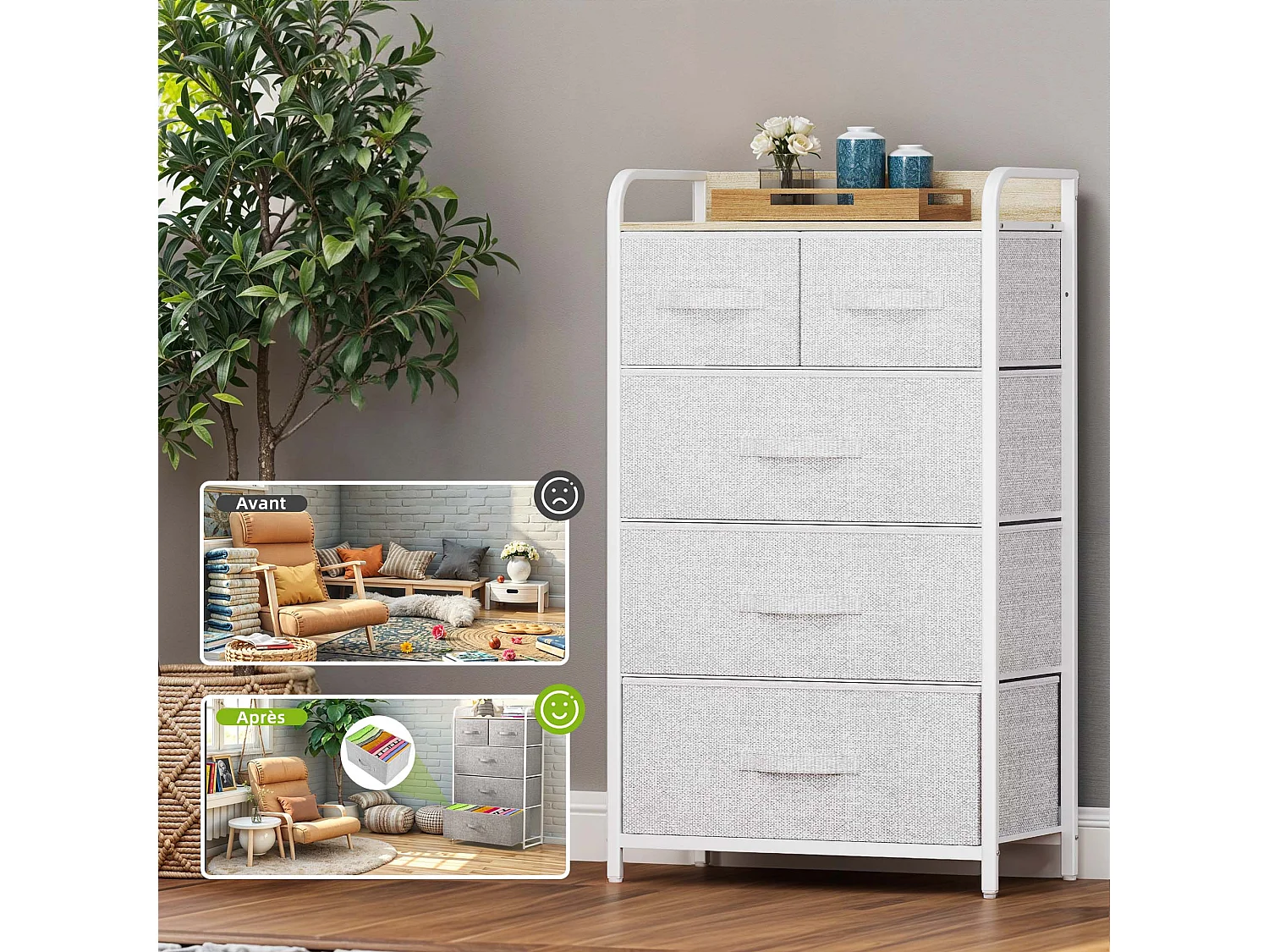YITAHOME Commode - 5 Tiroirs en Tissu Meuble de Rangement - Tour en Tissu - Cadre Acier Robuste - Chambre - Salon - Gris Clair