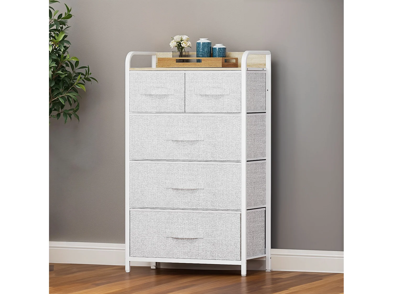 YITAHOME Commode - 5 Tiroirs en Tissu Meuble de Rangement - Tour en Tissu - Cadre Acier Robuste - Chambre - Salon - Gris Clair