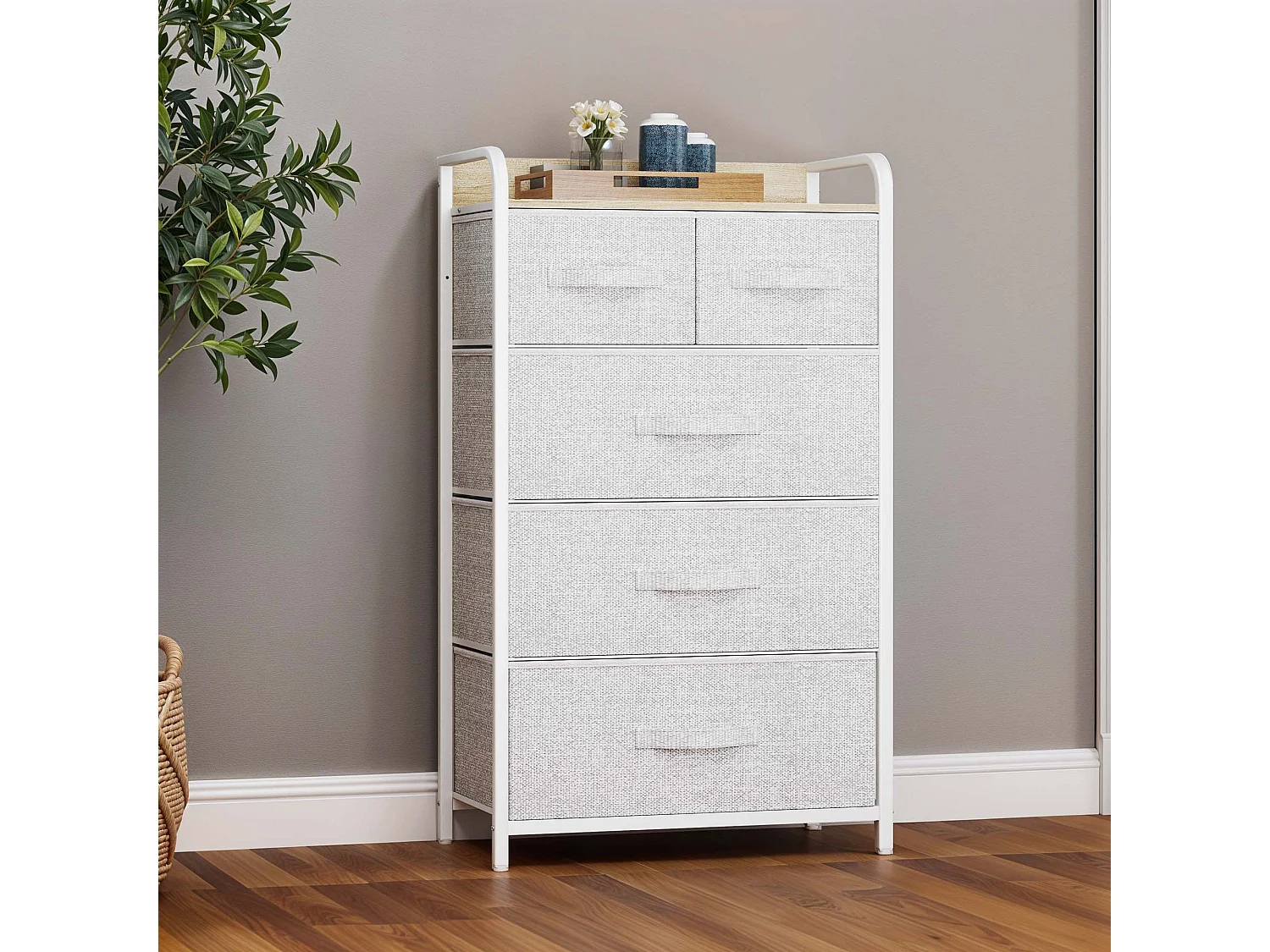 YITAHOME Commode - 5 Tiroirs en Tissu Meuble de Rangement - Tour en Tissu - Cadre Acier Robuste - Chambre - Salon - Gris Clair