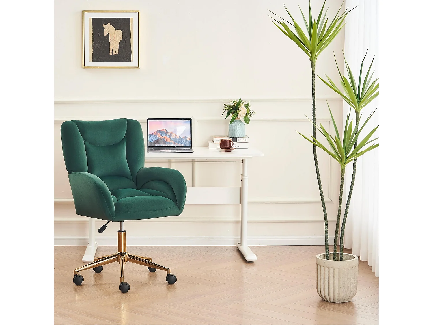 Cadeira de escritório - Velvet - Green - Altura ajustável - com rodízios giratórios e backrest ergonômico - 62x64x88/97cm