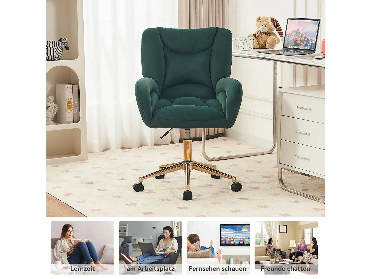 Cadeira de escritório - Velvet - Green - Altura ajustável - com rodízios giratórios e backrest ergonômico - 62x64x88/97cm