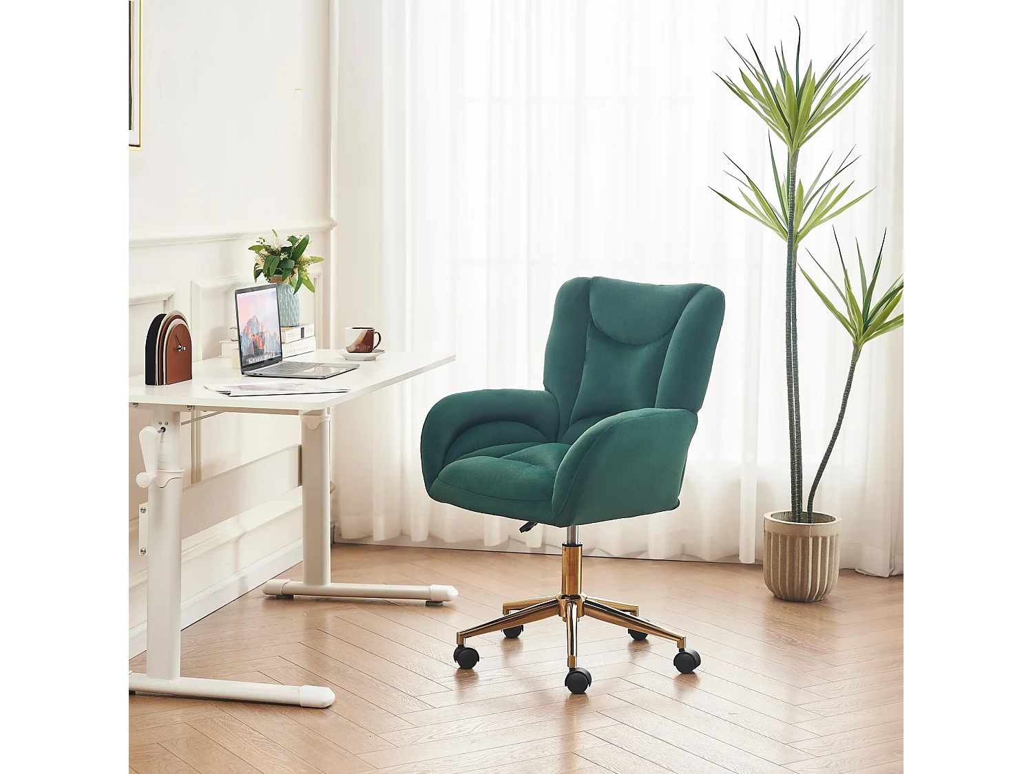 Chaise de bureau - Velours - Vert - Hauteur réglable - avec roulettes pivotantes et dossier ergonomique - 62x64x88/97cm