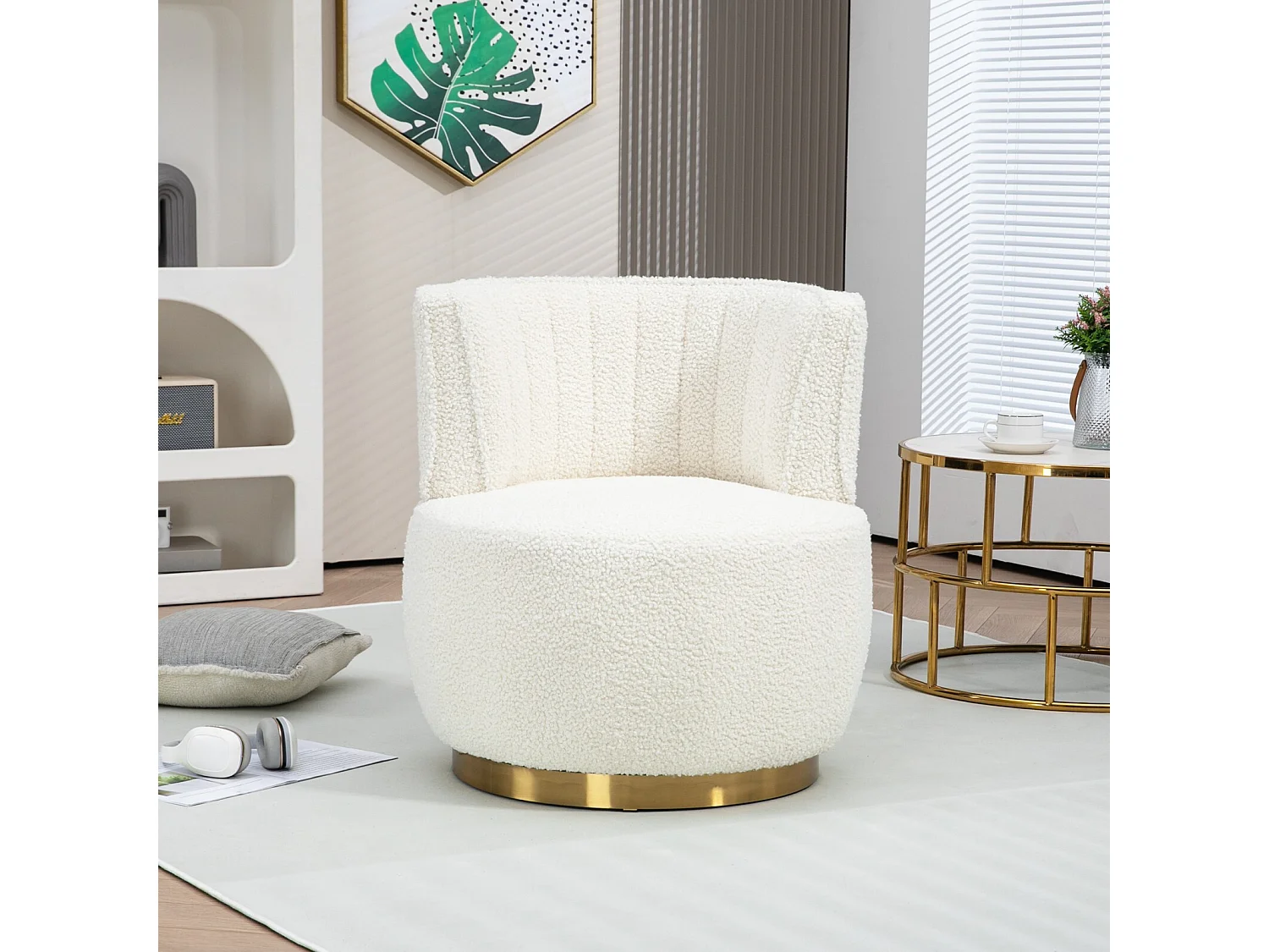 Ronde zwenkstoel in witte lus stof - ergonomische rugleuning - max 150 kg - 62,5x62x69,5 cm