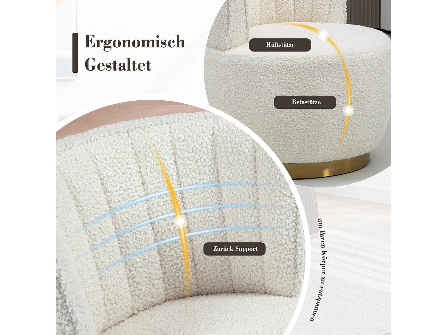 Ronde zwenkstoel in witte lus stof - ergonomische rugleuning - max 150 kg - 62,5x62x69,5 cm