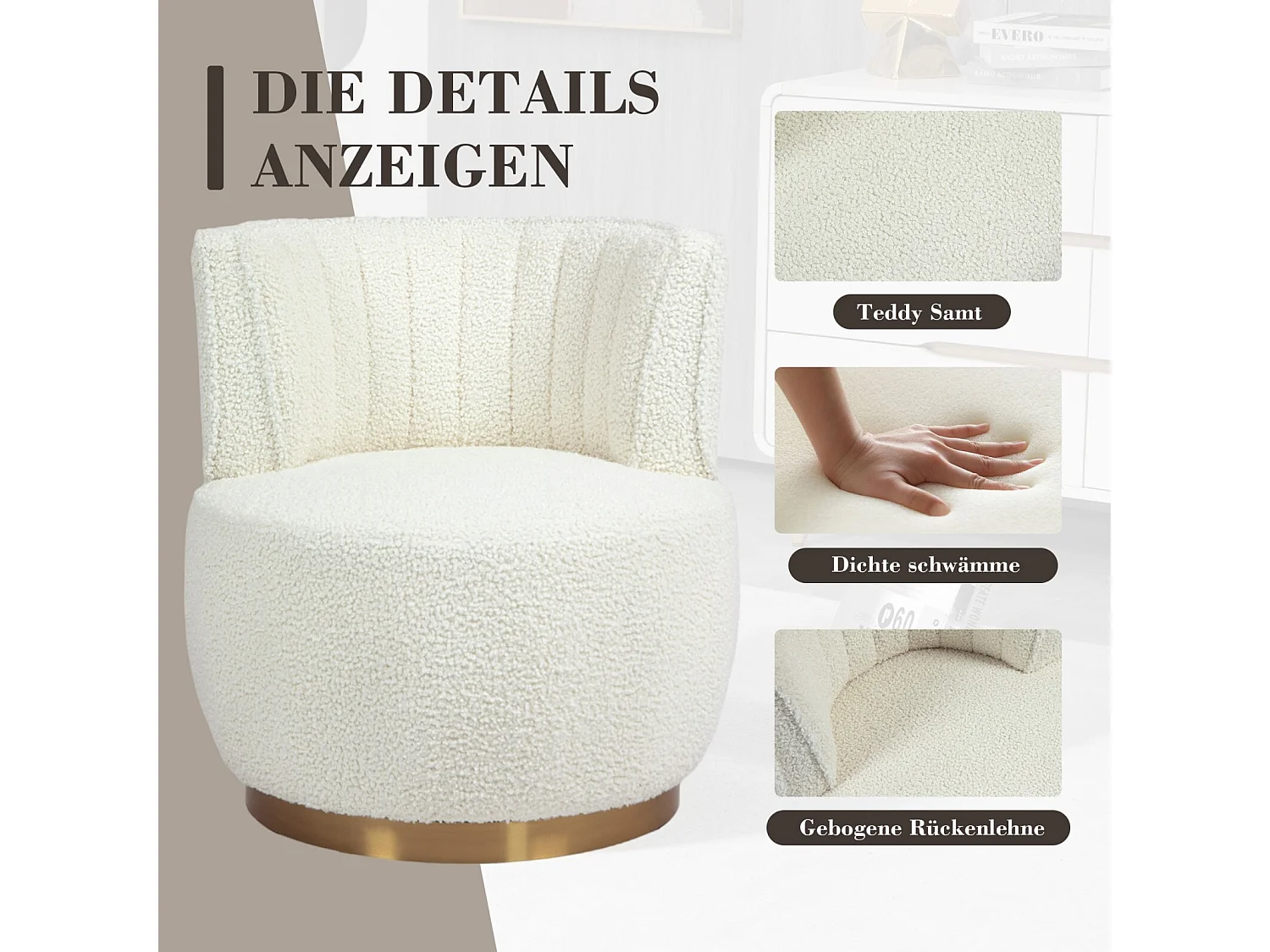 Ronde zwenkstoel in witte lus stof - ergonomische rugleuning - max 150 kg - 62,5x62x69,5 cm