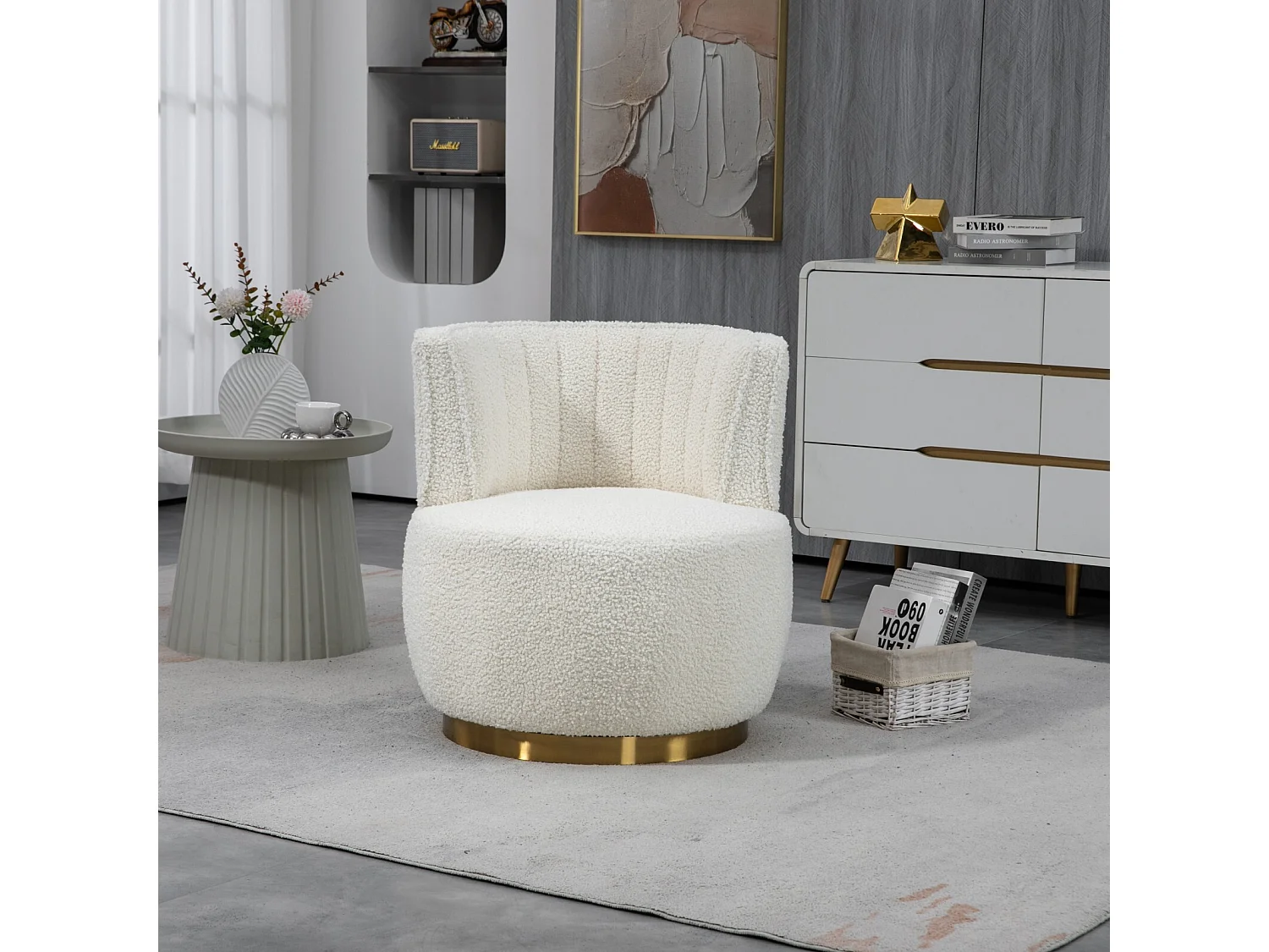 Ronde zwenkstoel in witte lus stof - ergonomische rugleuning - max 150 kg - 62,5x62x69,5 cm