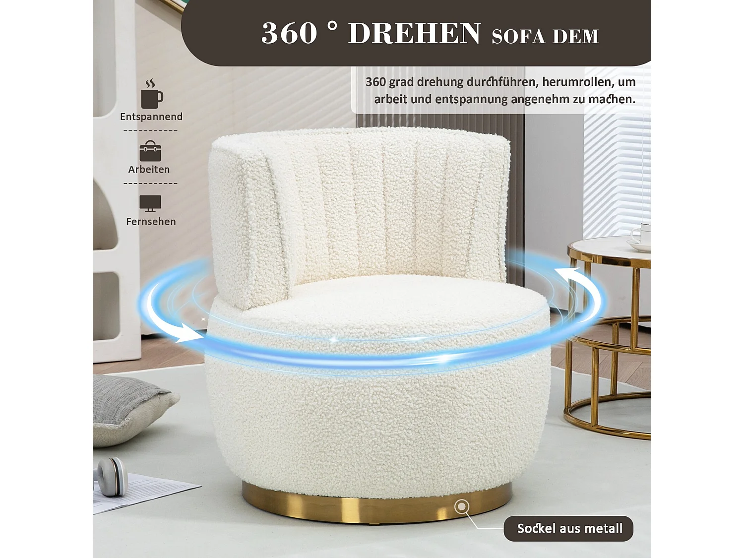 Fauteuil pivotant ronde en tissu bouclette blanc - dossier ergonomique - max 150kg - 62.5x62x69.5cm