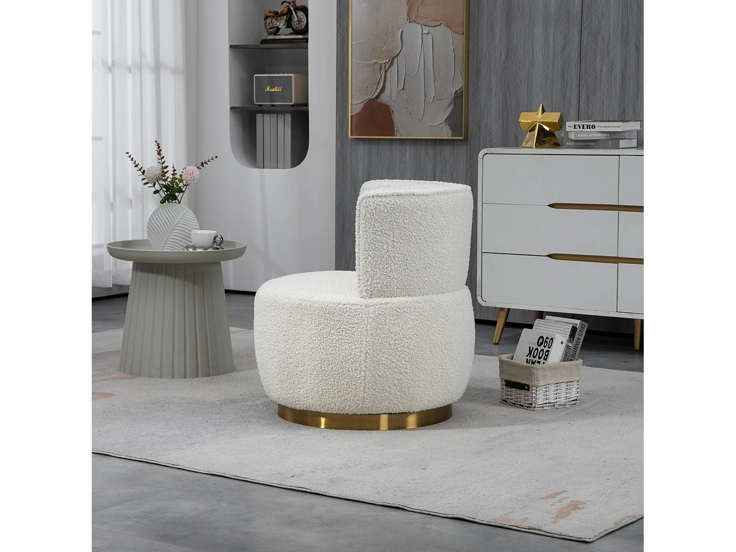 Fauteuil pivotant ronde en tissu bouclette blanc - dossier ergonomique - max 150kg - 62.5x62x69.5cm