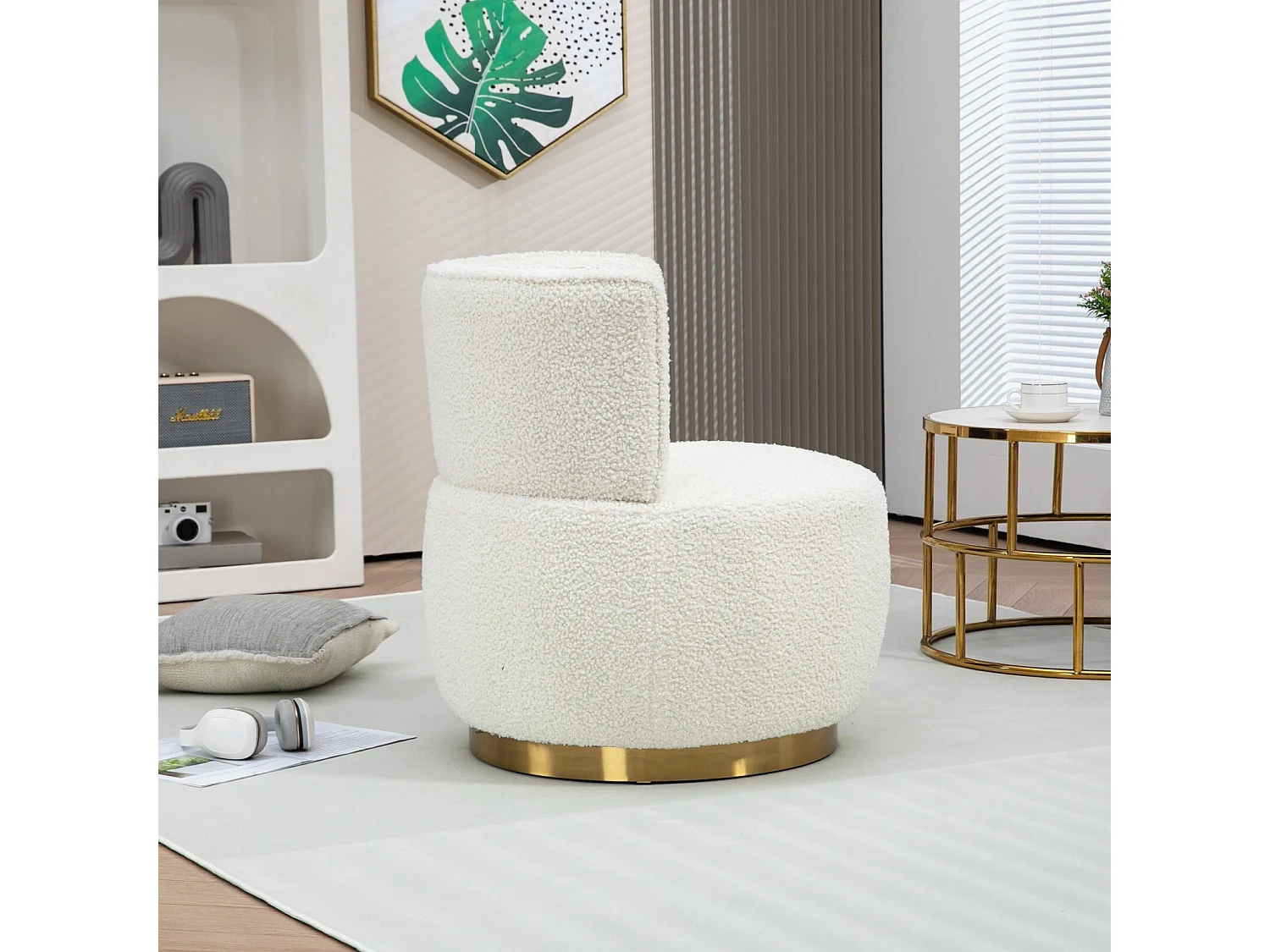 Fauteuil pivotant ronde en tissu bouclette blanc - dossier ergonomique - max 150kg - 62.5x62x69.5cm