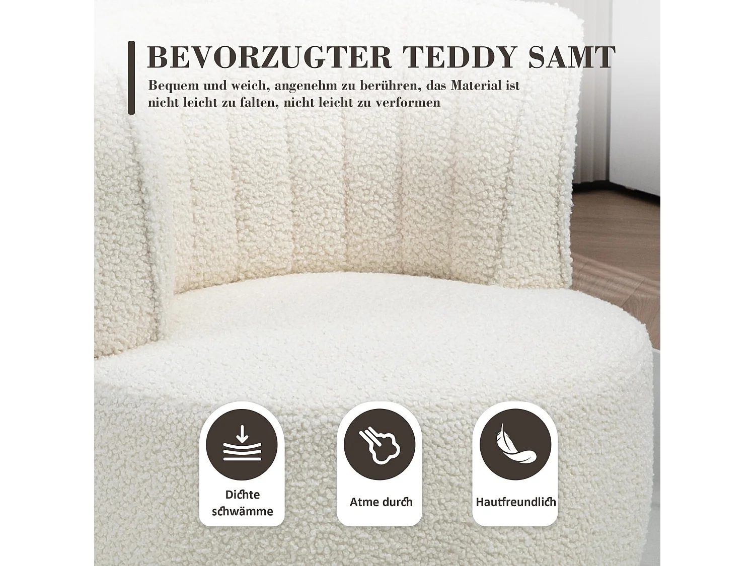 Fauteuil pivotant ronde en tissu bouclette blanc - dossier ergonomique - max 150kg - 62.5x62x69.5cm