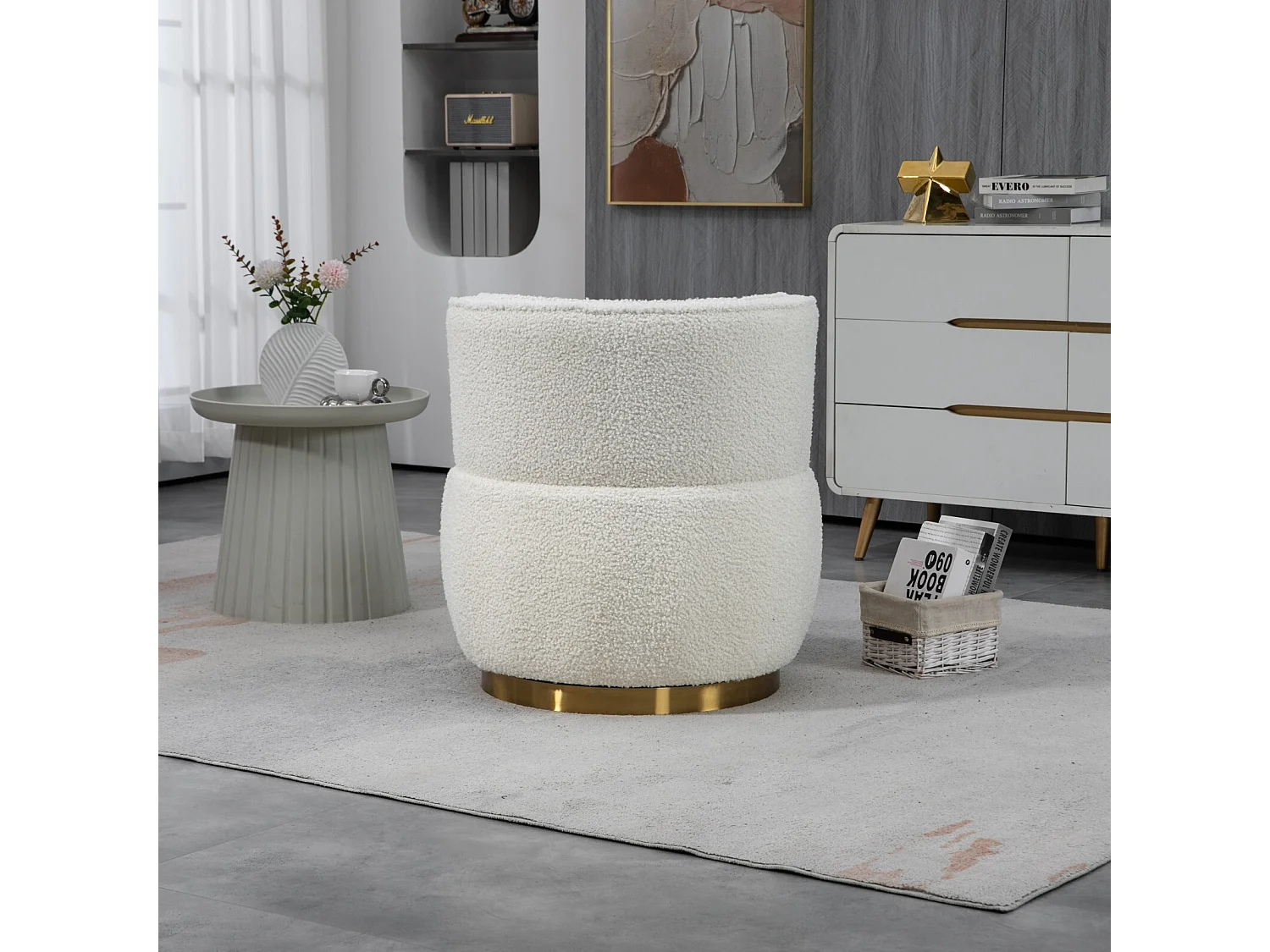 Fauteuil pivotant ronde en tissu bouclette blanc - dossier ergonomique - max 150kg - 62.5x62x69.5cm