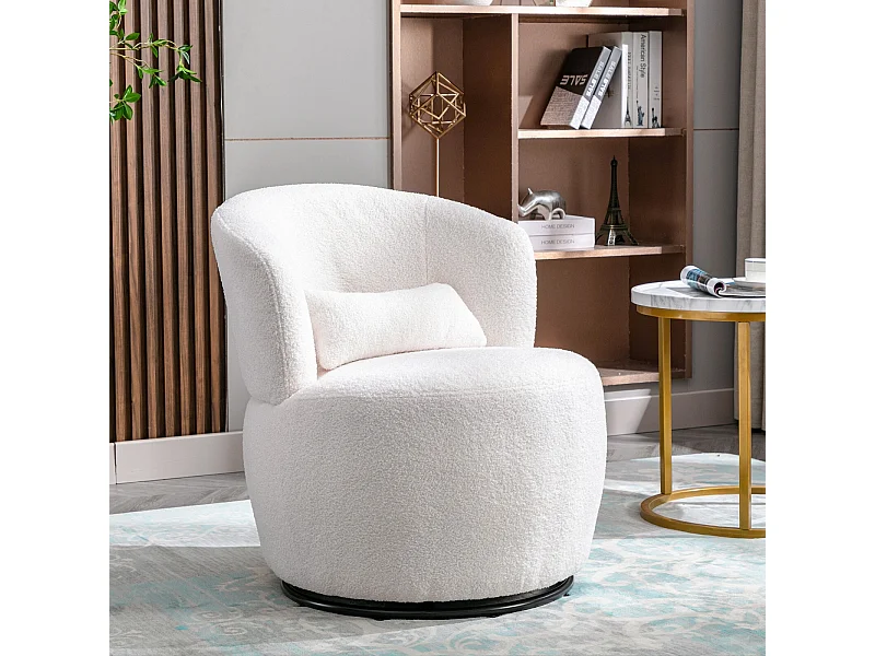 Fauteuil pivotant en tissu peluche blanc avec oreiller de lombaire et pied métal - Max 100kg - 65x65x73cm