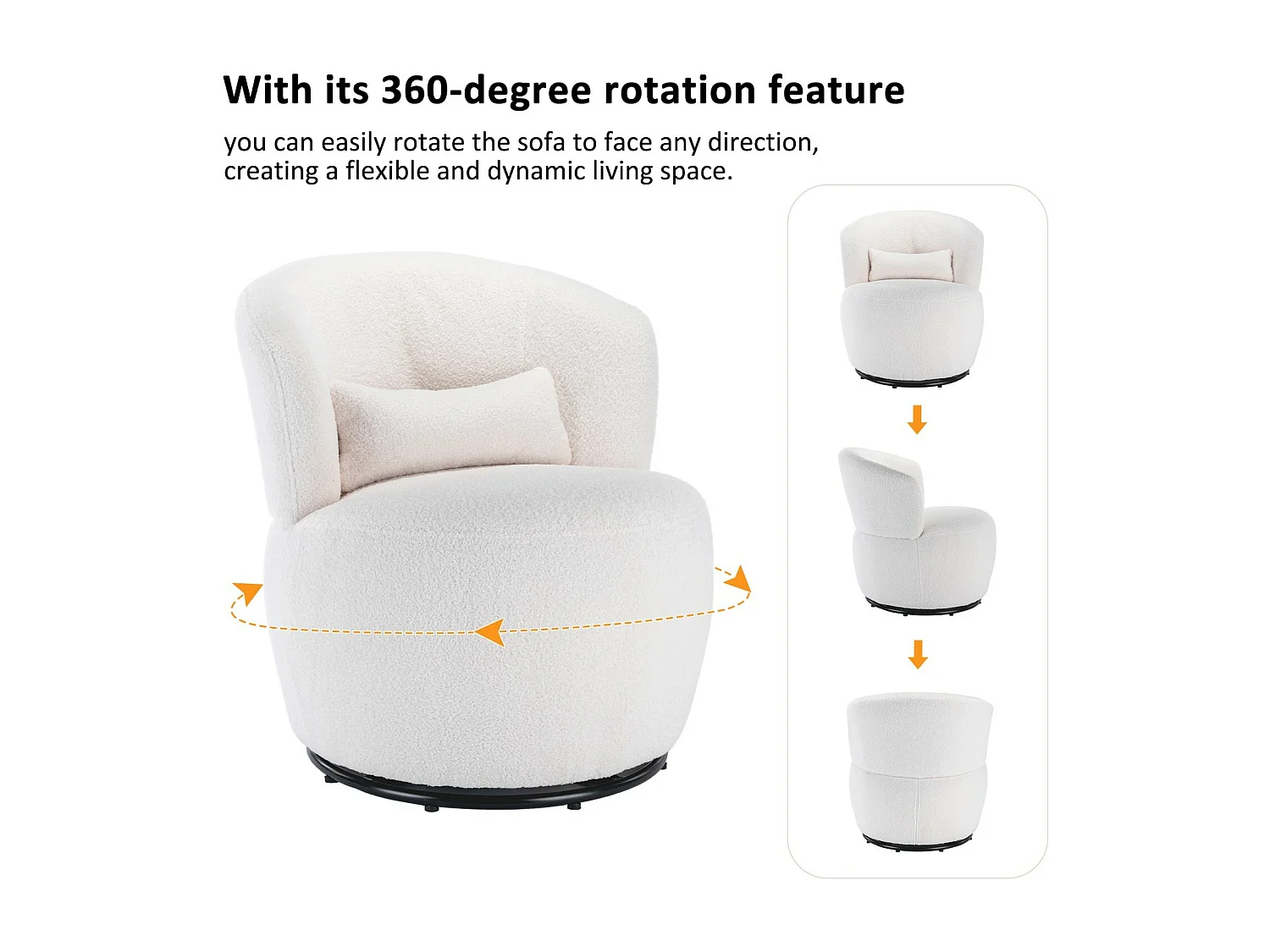 Fauteuil pivotant en tissu peluche blanc avec oreiller de lombaire et pied métal - Max 100kg - 65x65x73cm