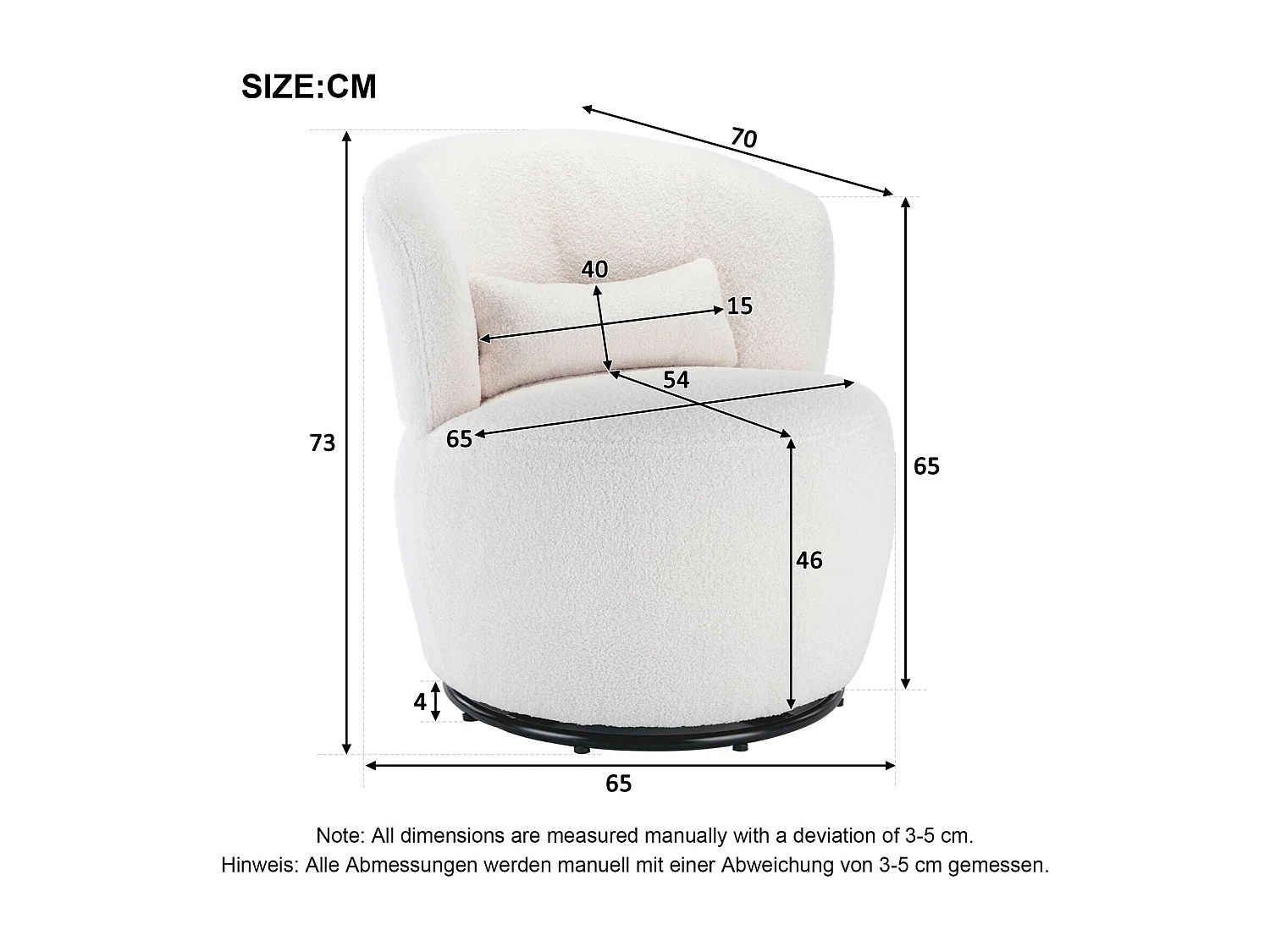 Fauteuil pivotant en tissu peluche blanc avec oreiller de lombaire et pied métal - Max 100kg - 65x65x73cm