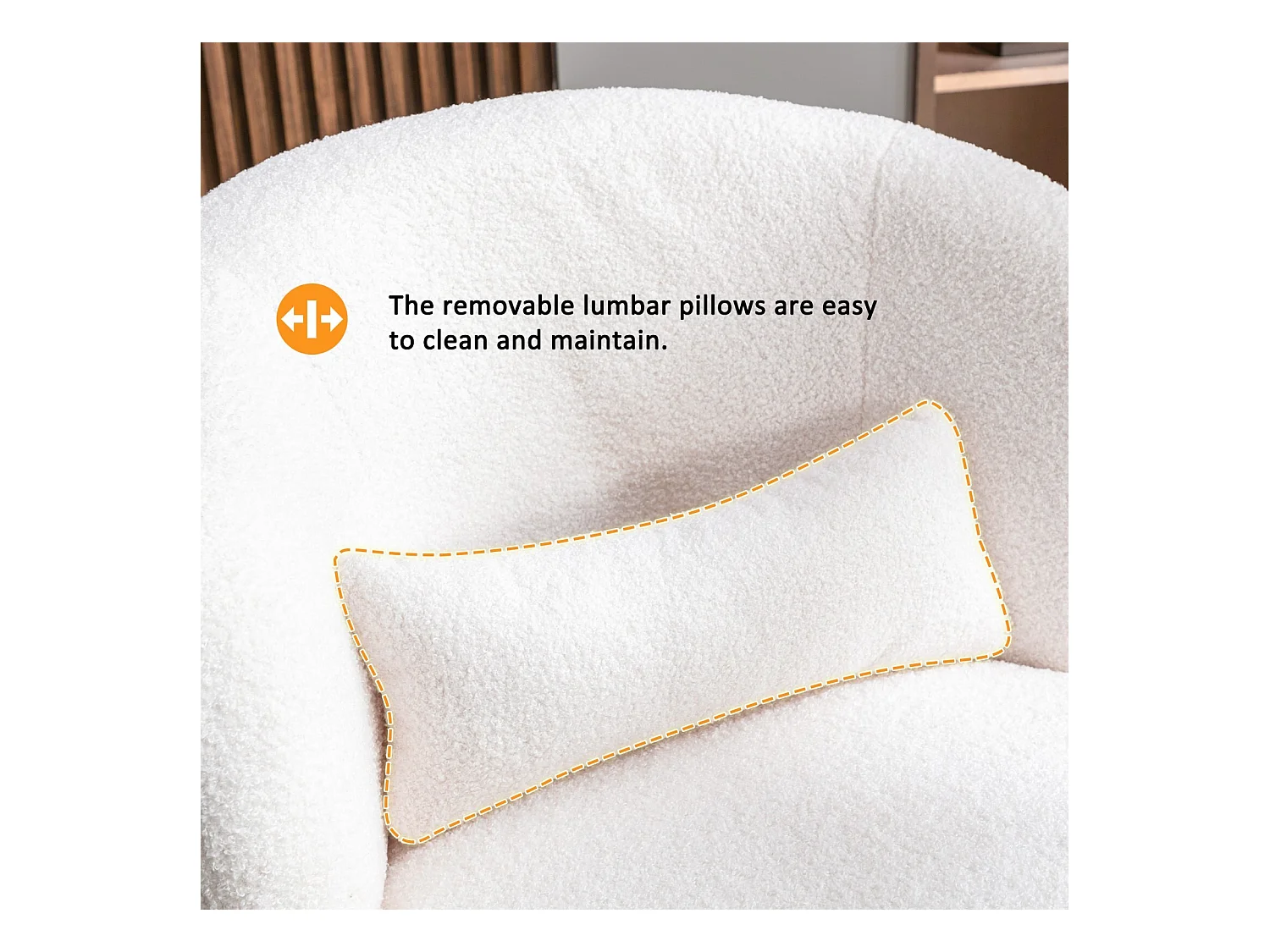 Fauteuil pivotant en tissu peluche blanc avec oreiller de lombaire et pied métal - Max 100kg - 65x65x73cm