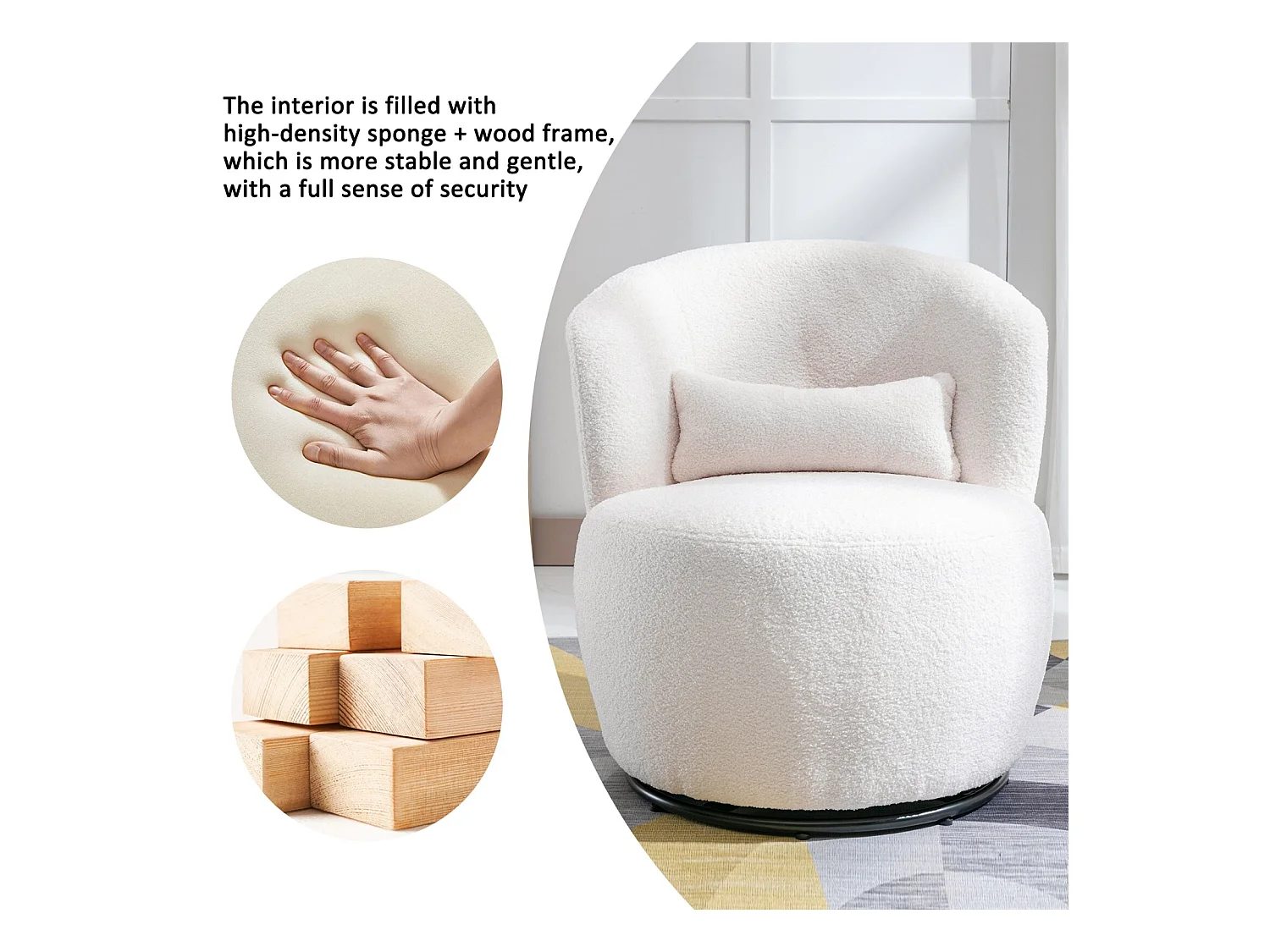Fauteuil pivotant en tissu peluche blanc avec oreiller de lombaire et pied métal - Max 100kg - 65x65x73cm