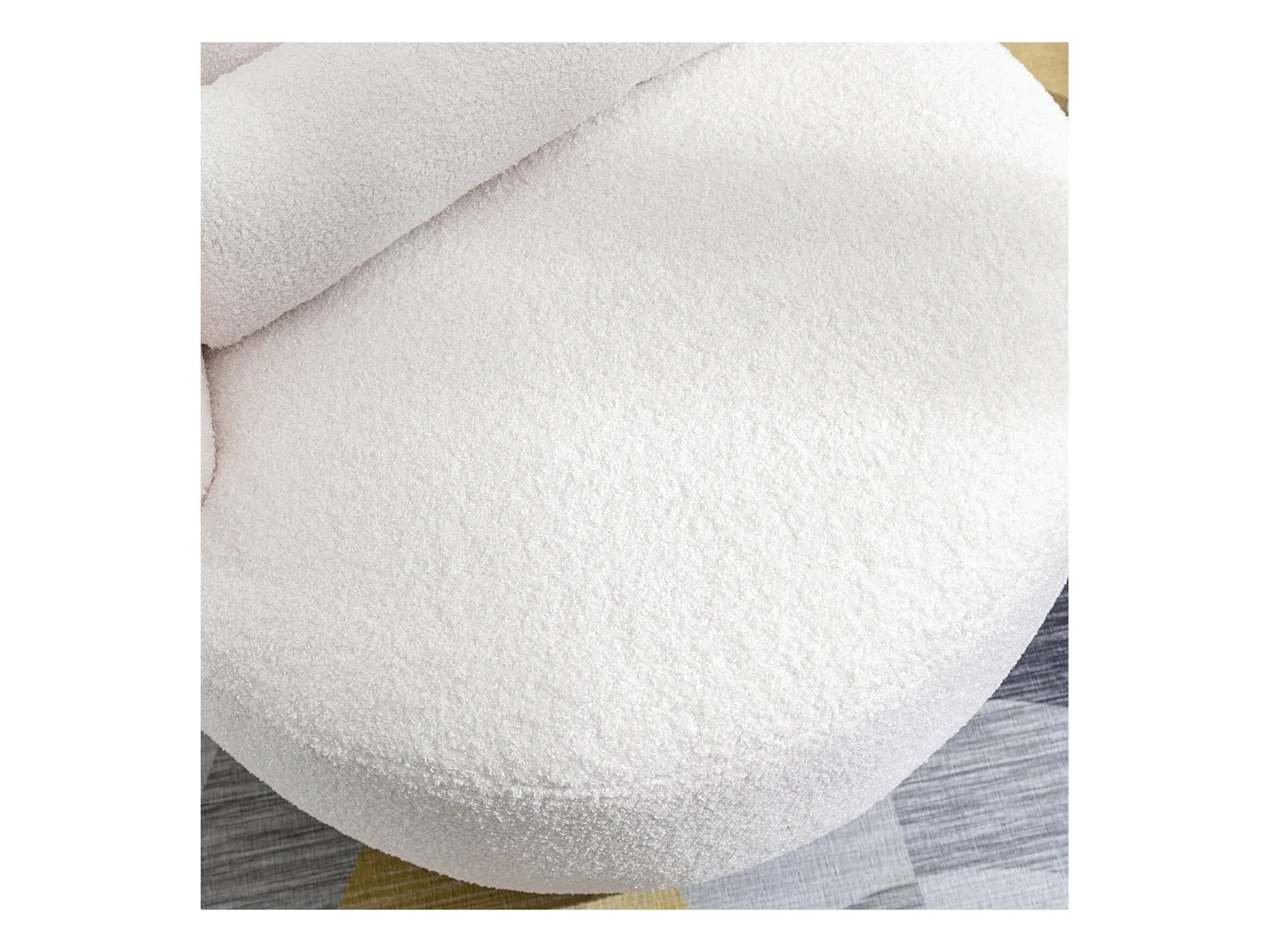 Fauteuil pivotant en tissu peluche blanc avec oreiller de lombaire et pied métal - Max 100kg - 65x65x73cm