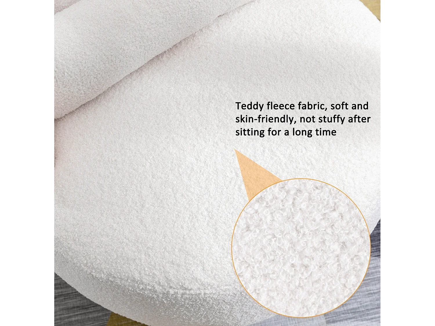 Fauteuil pivotant en tissu peluche blanc avec oreiller de lombaire et pied métal - Max 100kg - 65x65x73cm