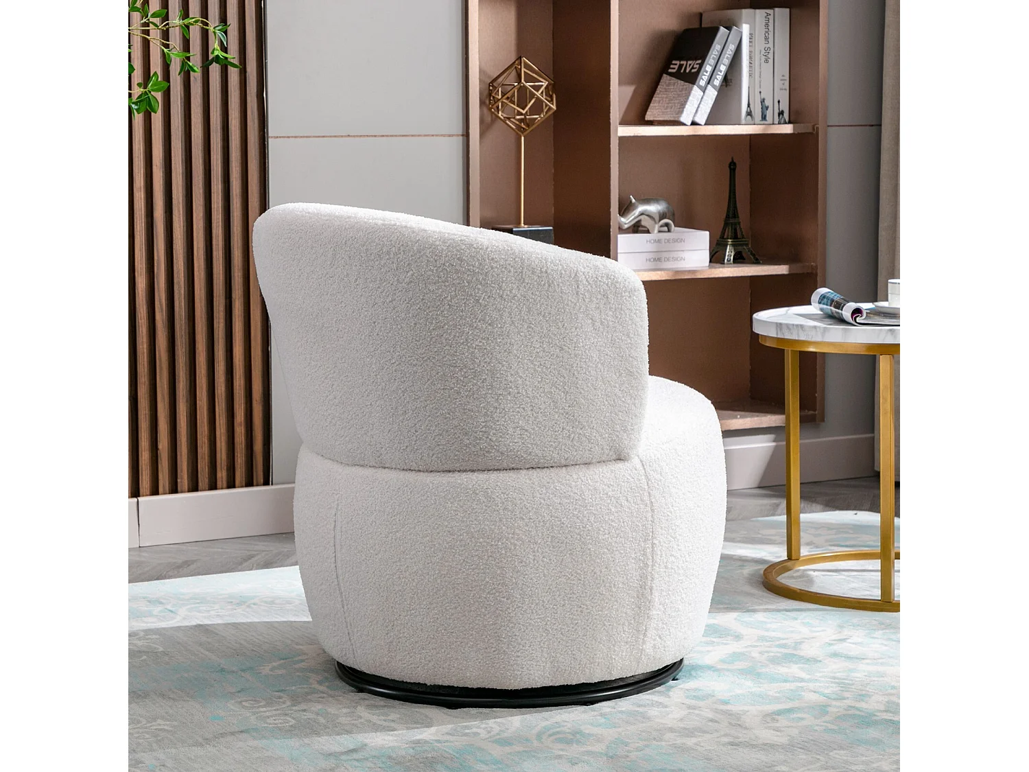 Fauteuil pivotant en tissu peluche blanc avec oreiller de lombaire et pied métal - Max 100kg - 65x65x73cm