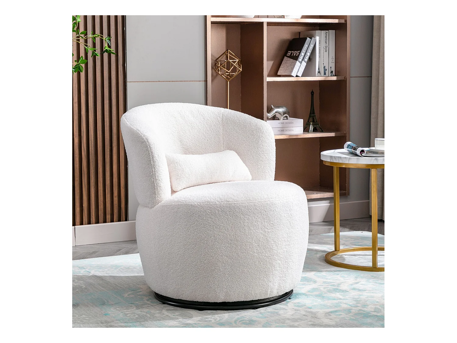 Fauteuil pivotant en tissu peluche blanc avec oreiller de lombaire et pied métal - Max 100kg - 65x65x73cm