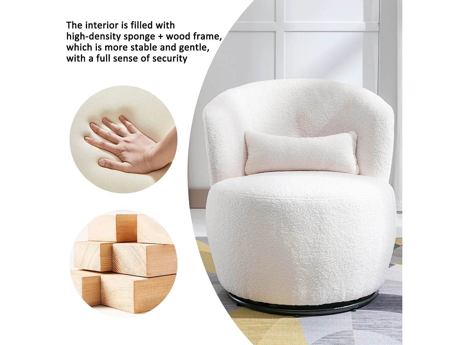 Fauteuil pivotant en tissu peluche blanc avec oreiller de lombaire et pied métal - Max 100kg - 65x65x73cm