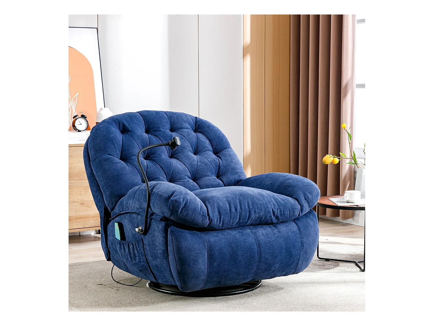 Fauteuil massant en tissu avec télécommande, pivotante et chauffée, 4 zones/5 modes/3 Minuteur, 155x92x90cm
