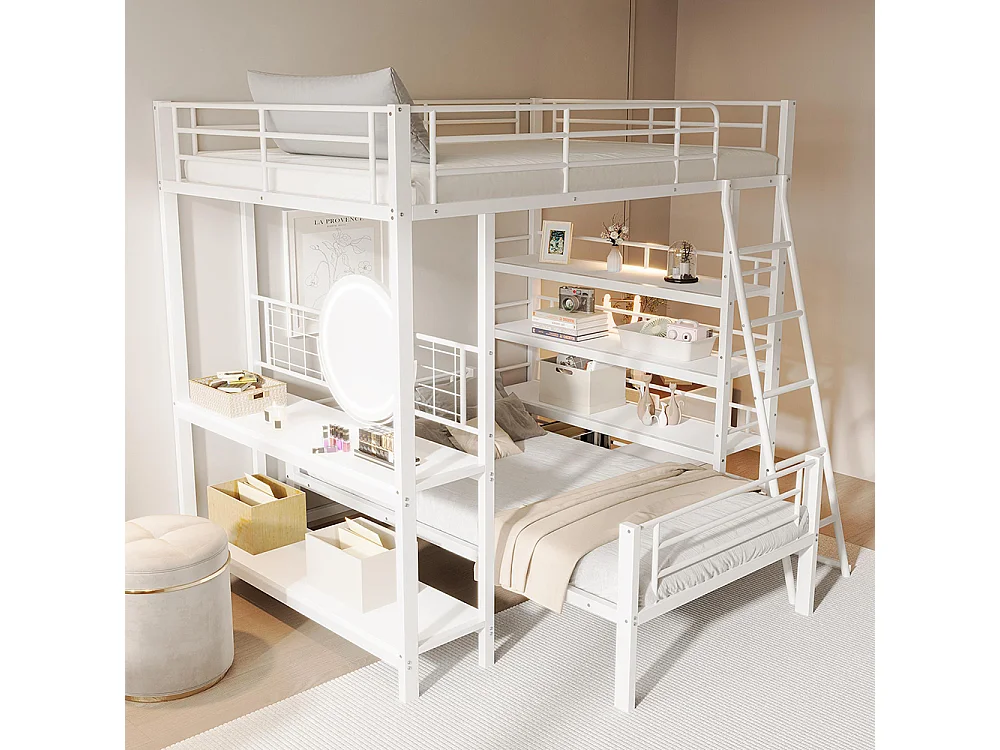 Lit superposé, cadre en métal, lit en mezzanine, 140*200, lit multifonctionnel avec plusieurs compartiments de rangement, blanc