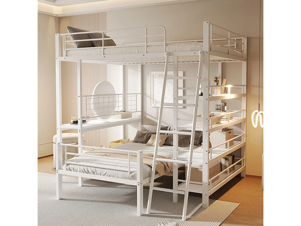 Lit superposé, cadre en métal, lit en mezzanine, 140*200, lit multifonctionnel avec plusieurs compartiments de rangement, blanc
