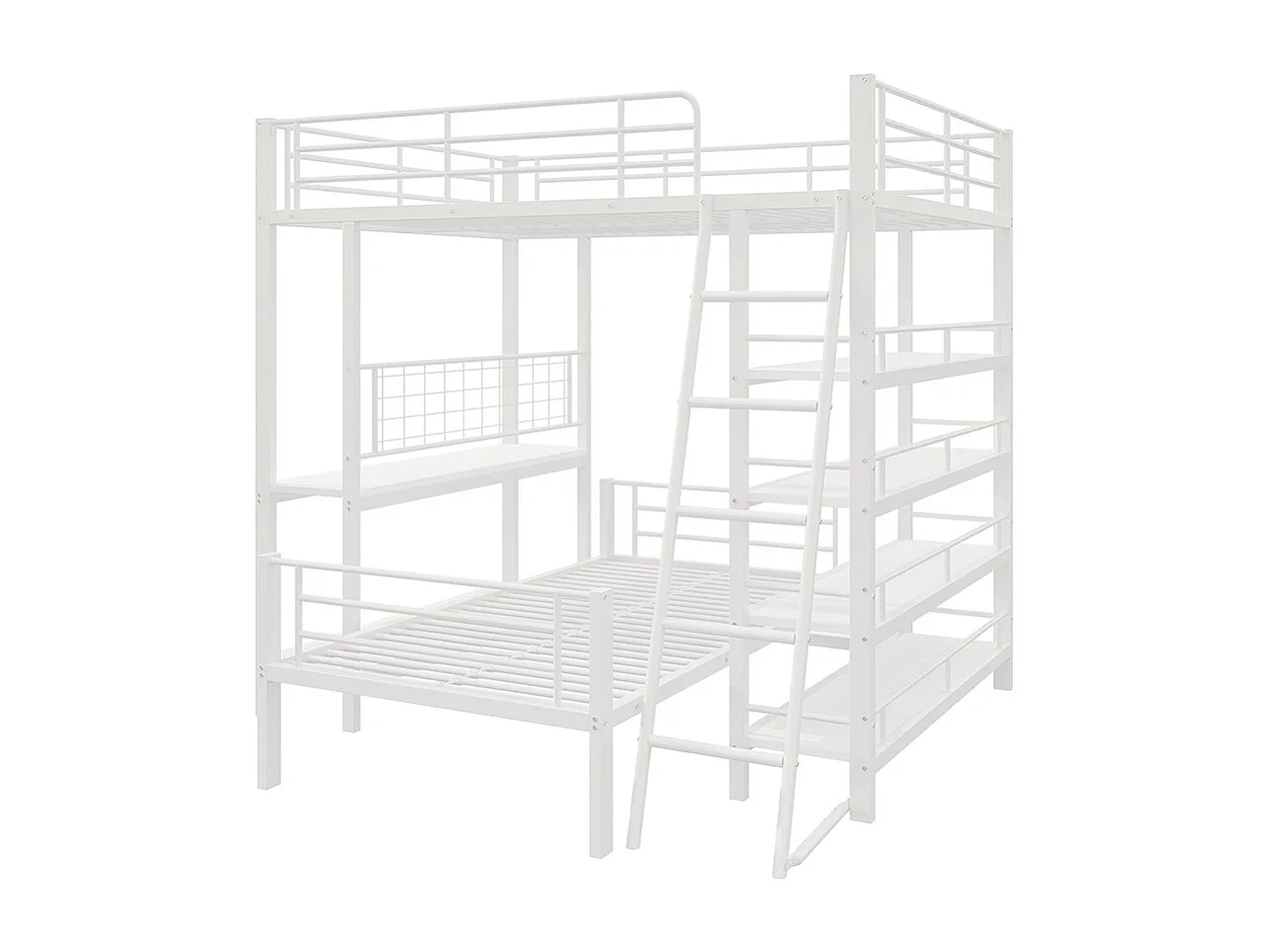 Lit superposé, cadre en métal, lit en mezzanine, 140*200, lit multifonctionnel avec plusieurs compartiments de rangement, blanc