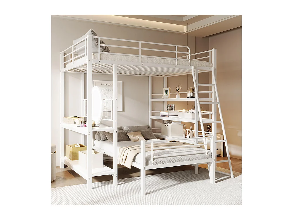 Lit superposé, cadre en métal, lit en mezzanine, 140*200, lit multifonctionnel avec plusieurs compartiments de rangement, blanc