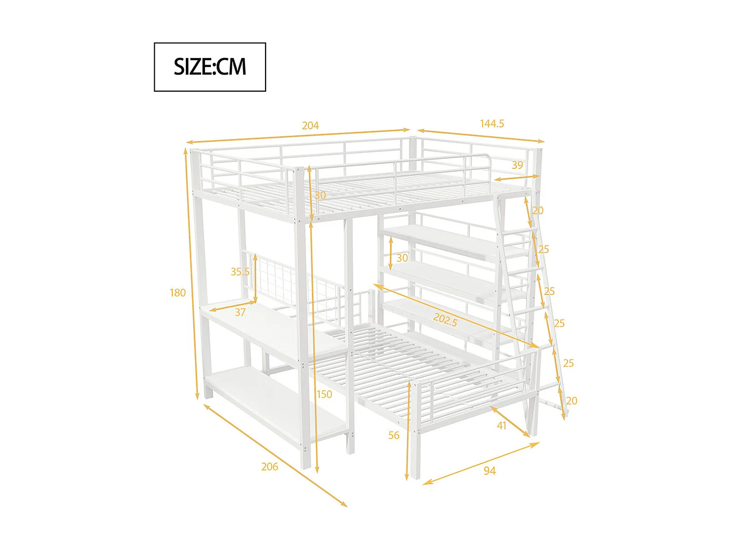 Lit superposé, cadre en métal, lit en mezzanine, 140*200, lit multifonctionnel avec plusieurs compartiments de rangement, blanc