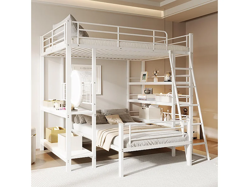 Letto a castello, struttura in metallo, letto a soppalco, 140*200, letto multifunzionale con diversi scomparti, bianco