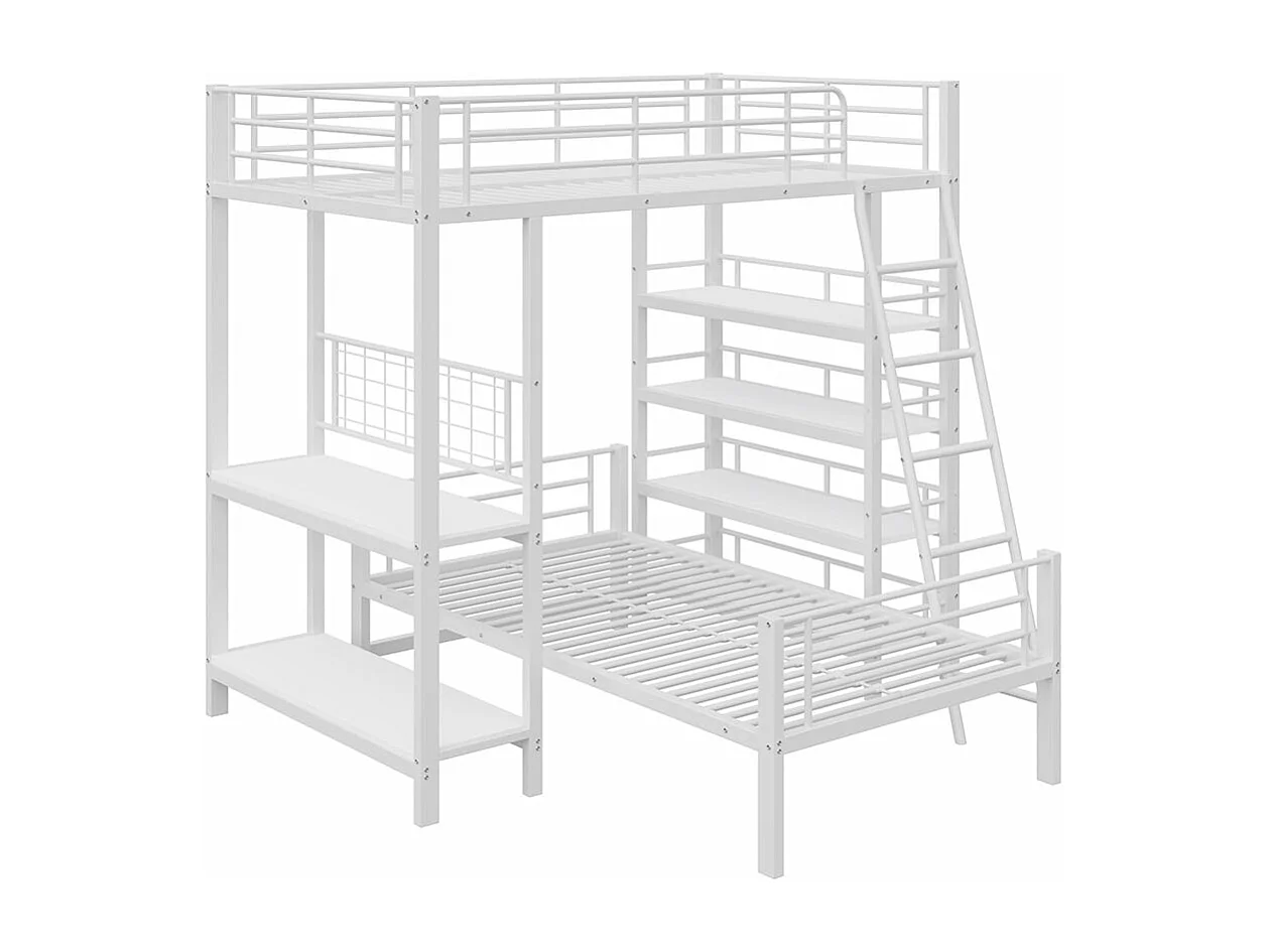 Lit superposé, cadre en métal, lit en mezzanine, 90*200, lit multifonctionnel avec plusieurs compartiments de rangement, blanc