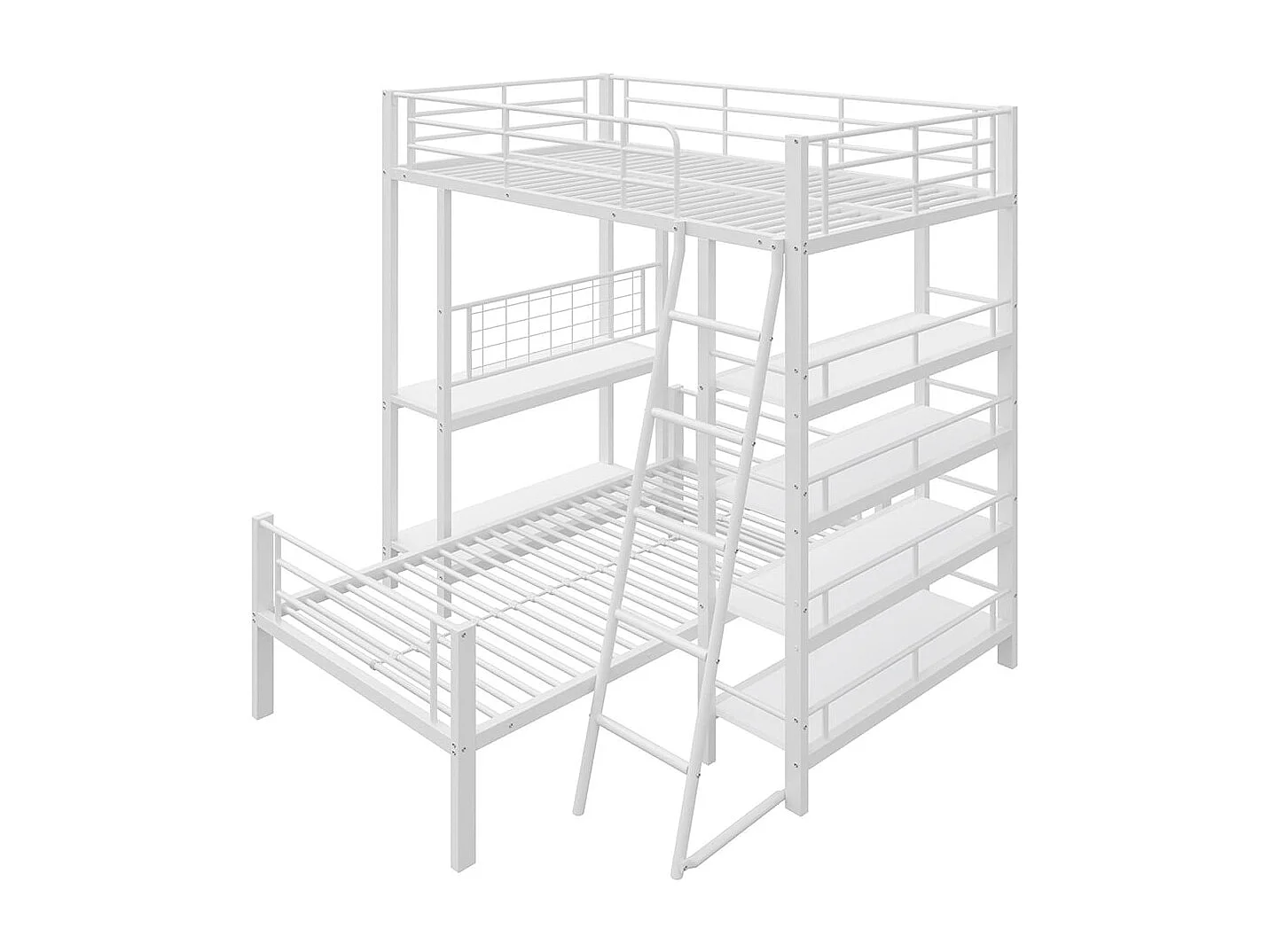 Lit superposé, cadre en métal, lit en mezzanine, 90*200, lit multifonctionnel avec plusieurs compartiments de rangement, blanc